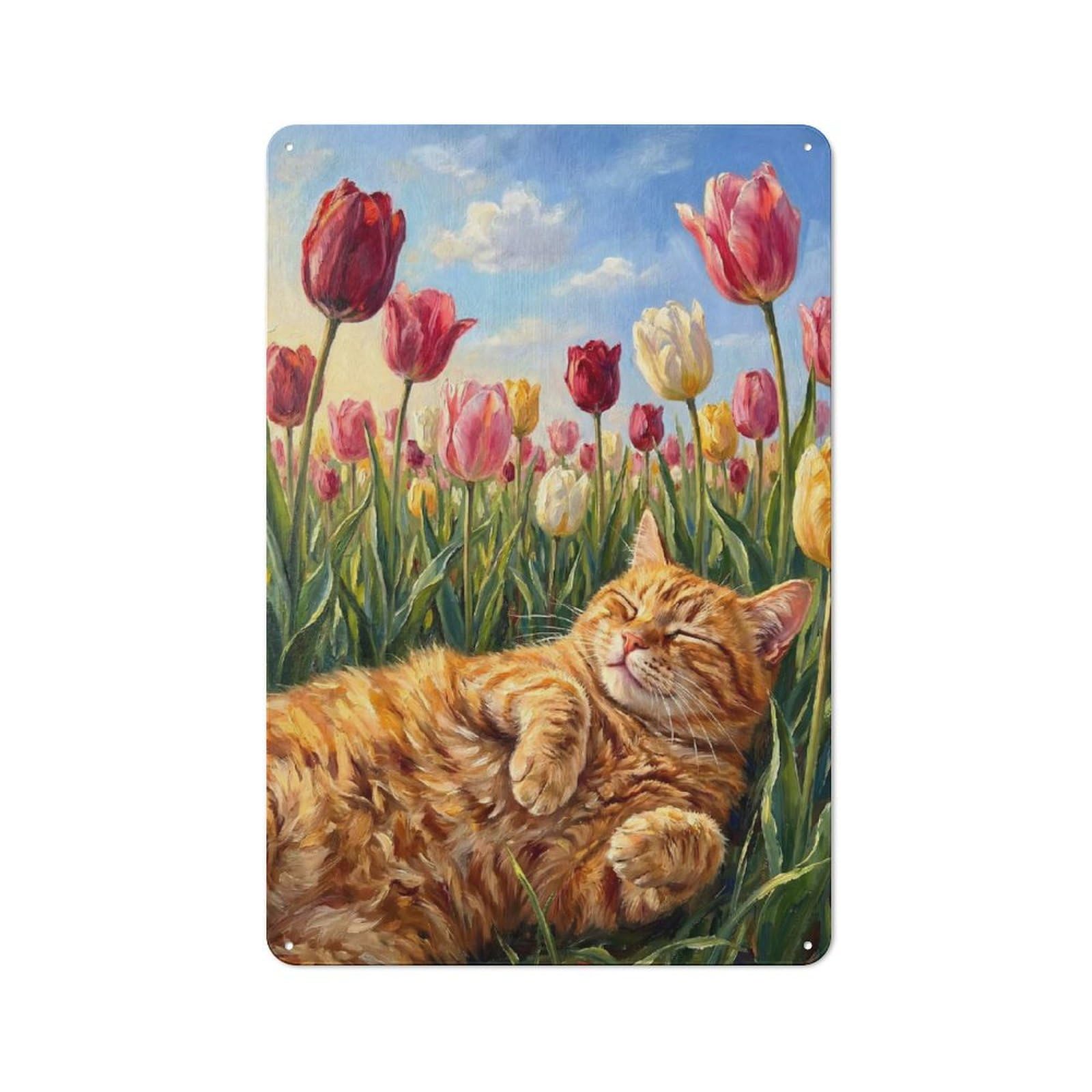 Junmoney Style-4 Rustic Tin Sign 30X20cm Featuring Orange Cat Sleeping In Tulips For Garage Or Workshop, For Garage, Workshop And Man Cave Decoration