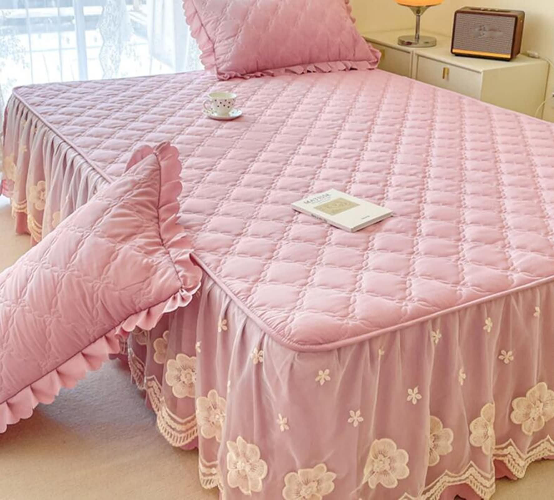 Drap Housse en Polyester Coton Élastique, Motif de Dentelle Brodée avec Couleur Unie, 150 x 200 CM, Rose Violet Clair