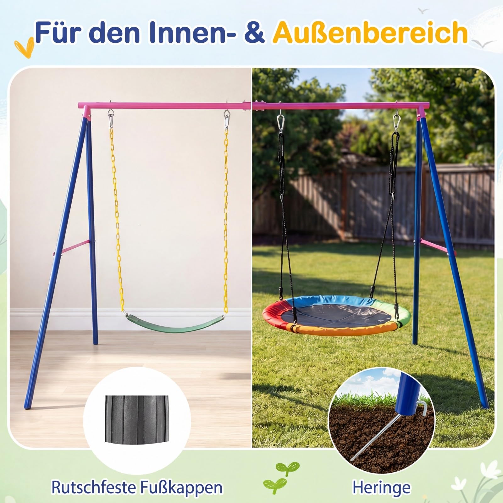 DREAMADE Schaukelgestell Outdoor, Schaukelgerüst Metall (Nur Rosa- Gestell) | Schaukel Gestell bis 300kg für Kinderschaukel, Nestschaukel, Doppelschaukel Gestell für 2 kinder, Drinnen & Draußen