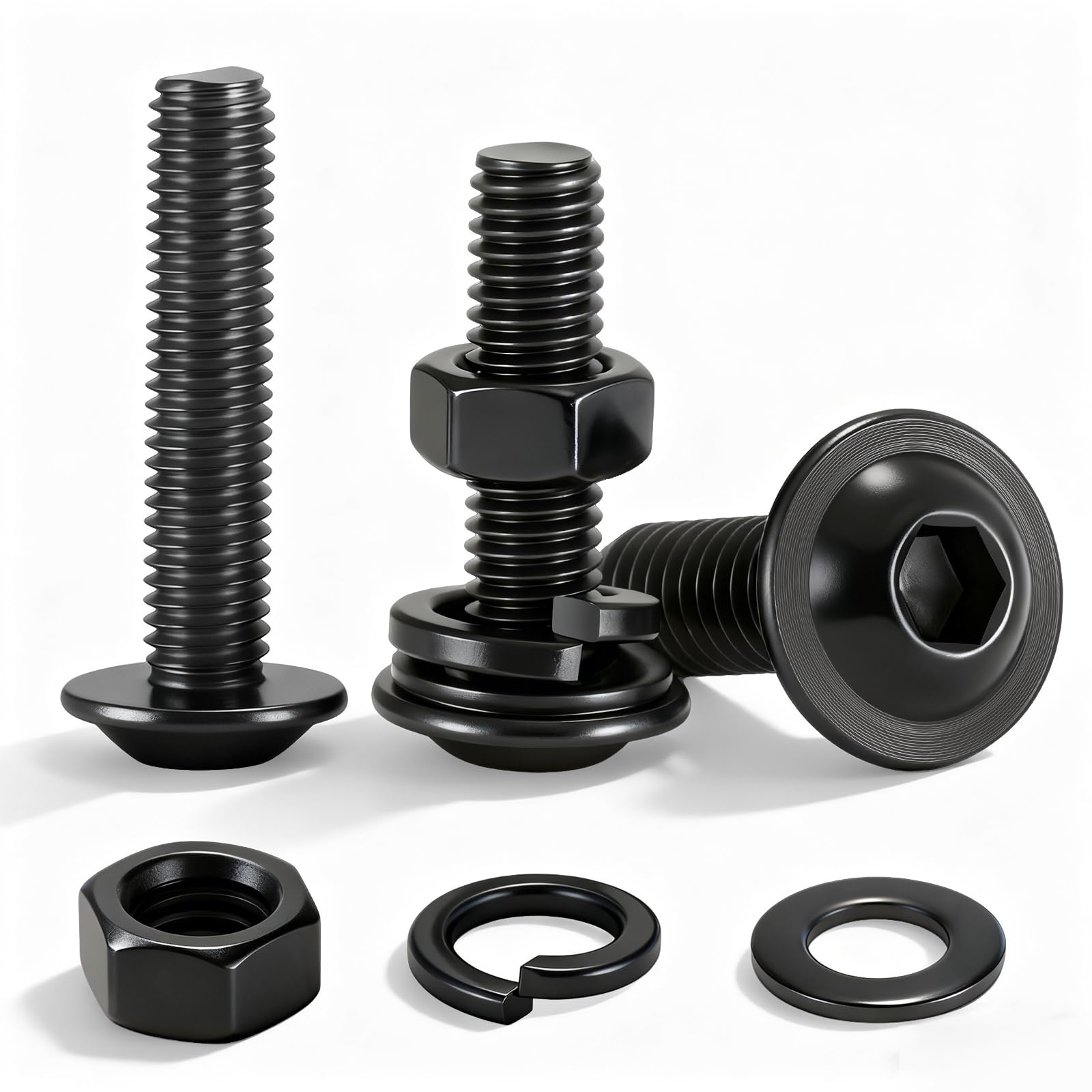 20 pcs Flanged Button Head Socket Cap Bolts M6 x 30mm Black Stainless Steel Dome Head Socket Cap Bolts with Nuts, Flat & Lock Washers - 304 Stainless Steel Allen Bolts Kit for Furniture, Bed Frame
