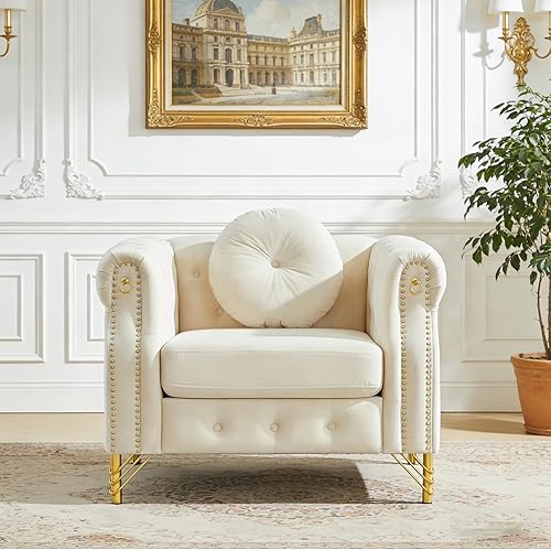 Miniatura 7 de SLEERWAY Cómodo sofá individual con brazos enrollados y almohadas, silla de terciopelo moderna de mediados de siglo con ribete dorado y patas, Beige