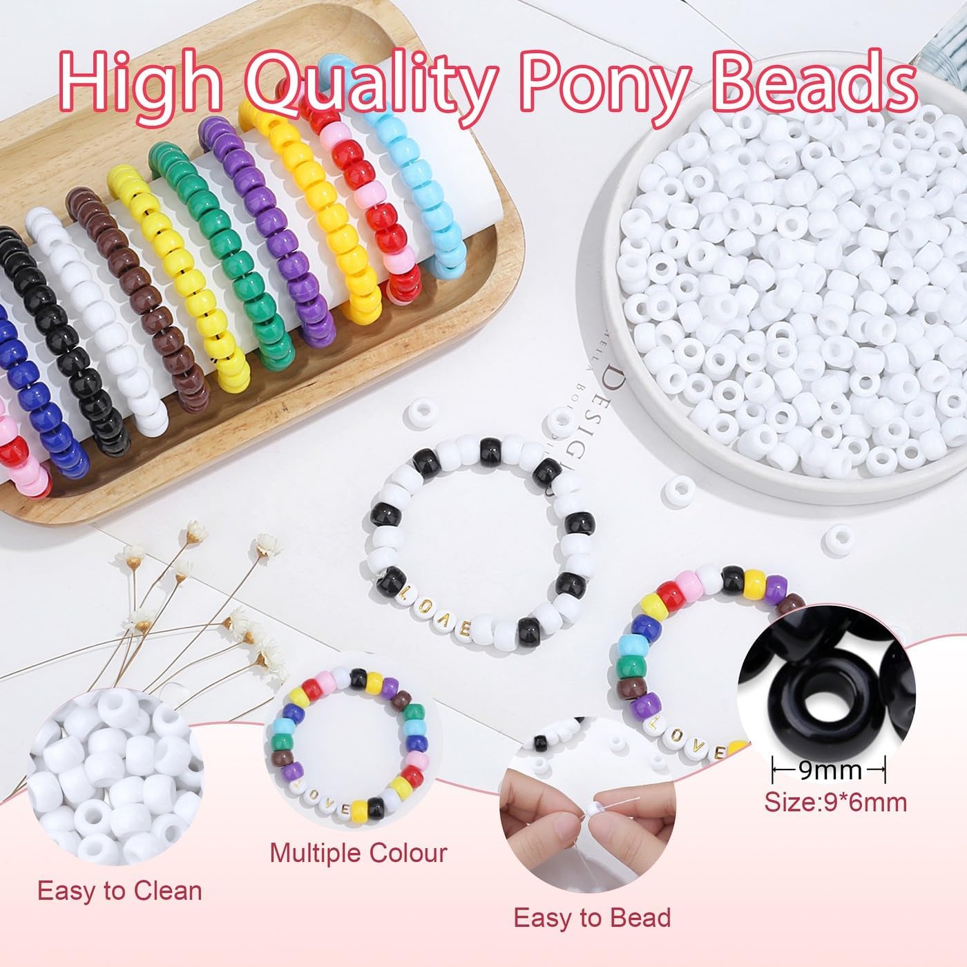 1000Pcs Black Pony Beads 6x9mm Perler Bulk Beads for Bracelets Necklace, Hair Bead for Braids, Kandi BeadsKit, Plastic Bead for Crafts Keychain Jewelry Making(Black)