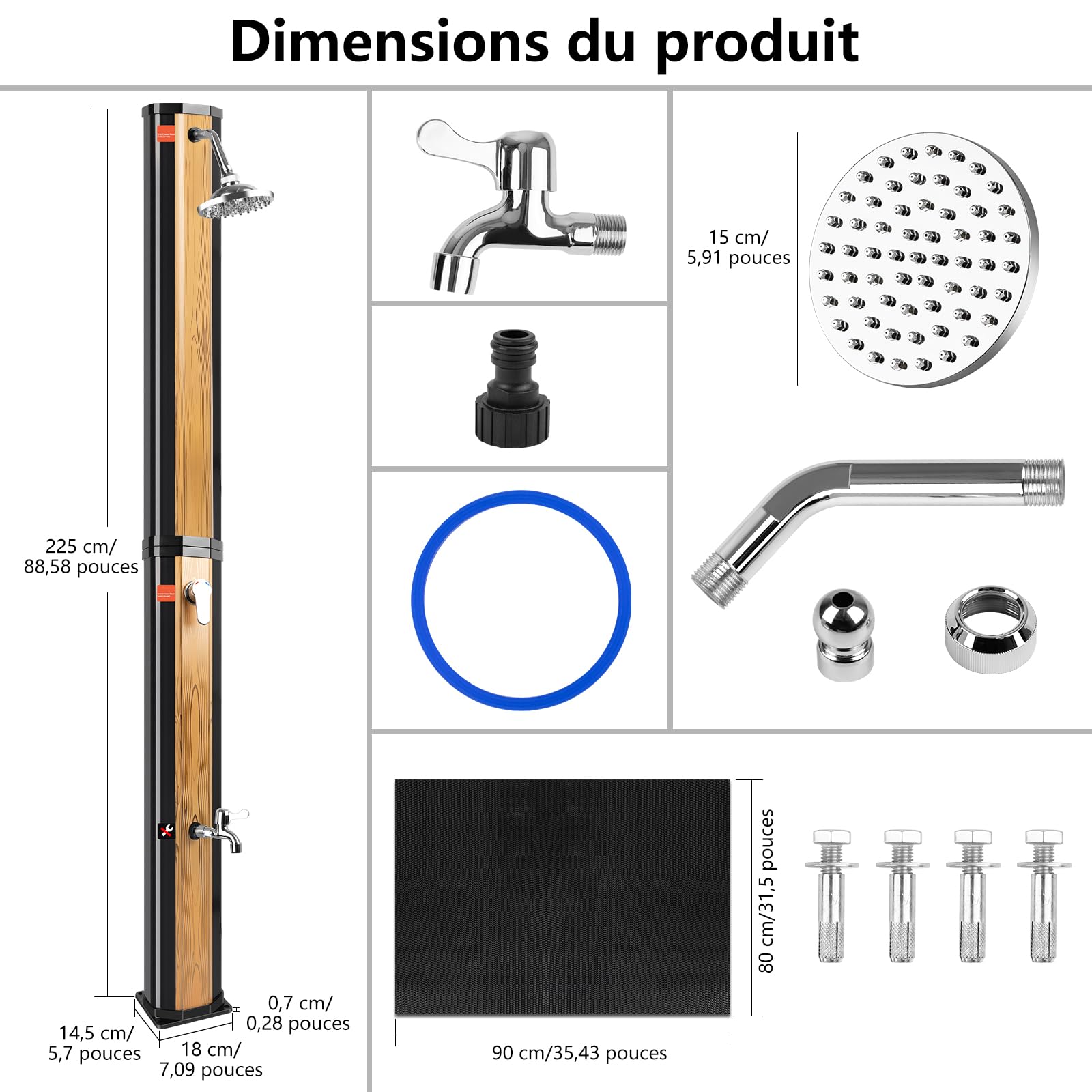 COOLWEST Douche Solaire de 40 Litres avec Fond en Plastique, Douche de Jardin Solaire avec Pommeau de Douche Pivotant à 360 ° et Douche à pied, Température Réglable Jusqu'à 60 °C, pour Jardin, Piscine