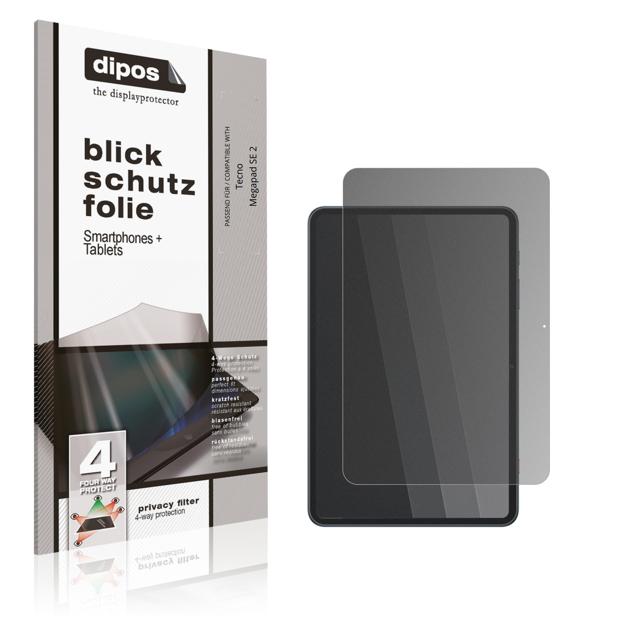 dipos Protection écran anti-espion pour Tecno Megapad SE 2 | Film mat, filtre de confidentialité 4 directions, sur mesure, anti-rayures, sans bulles, adhésion sans colle