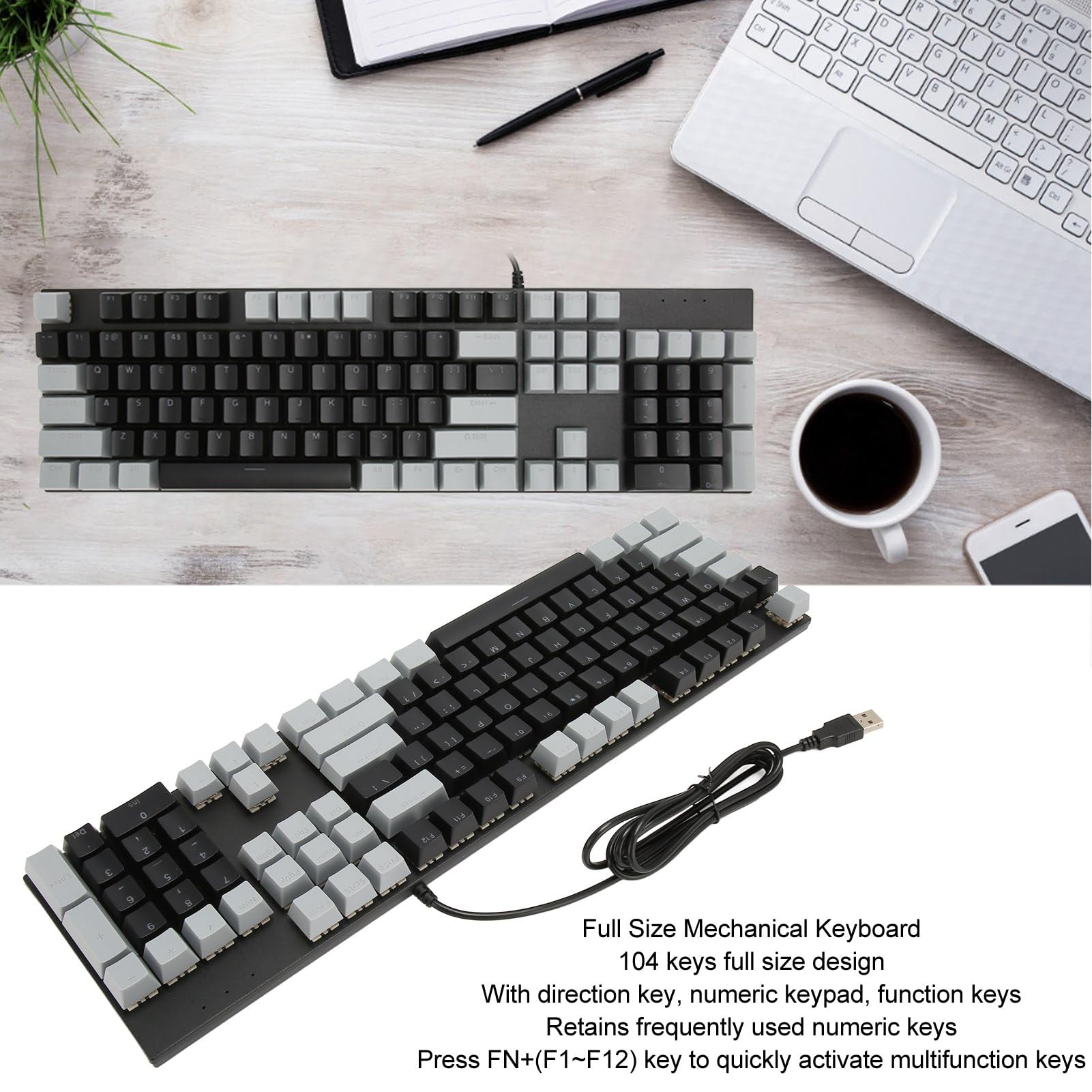 104 klawisze Pełnowymiarowa przewodowa klawiatura mechaniczna, przewodowa klawiatura do gier USB z klawiaturą numeryczną Czerwony przełącznik dla W INDOWS, dla graczy (.)