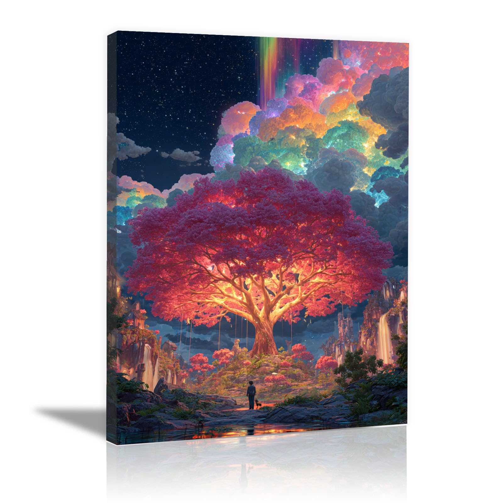 Teruea Women's Pink Colorful Botanical Wall Poster For Bedroom Living Room Decor Blush Blossom Tree, Starry Sky, Cloud & Cascading Waterfall For Girl's Bedroom Living Room Bathroom (Pink)-40X60cm1 Framed