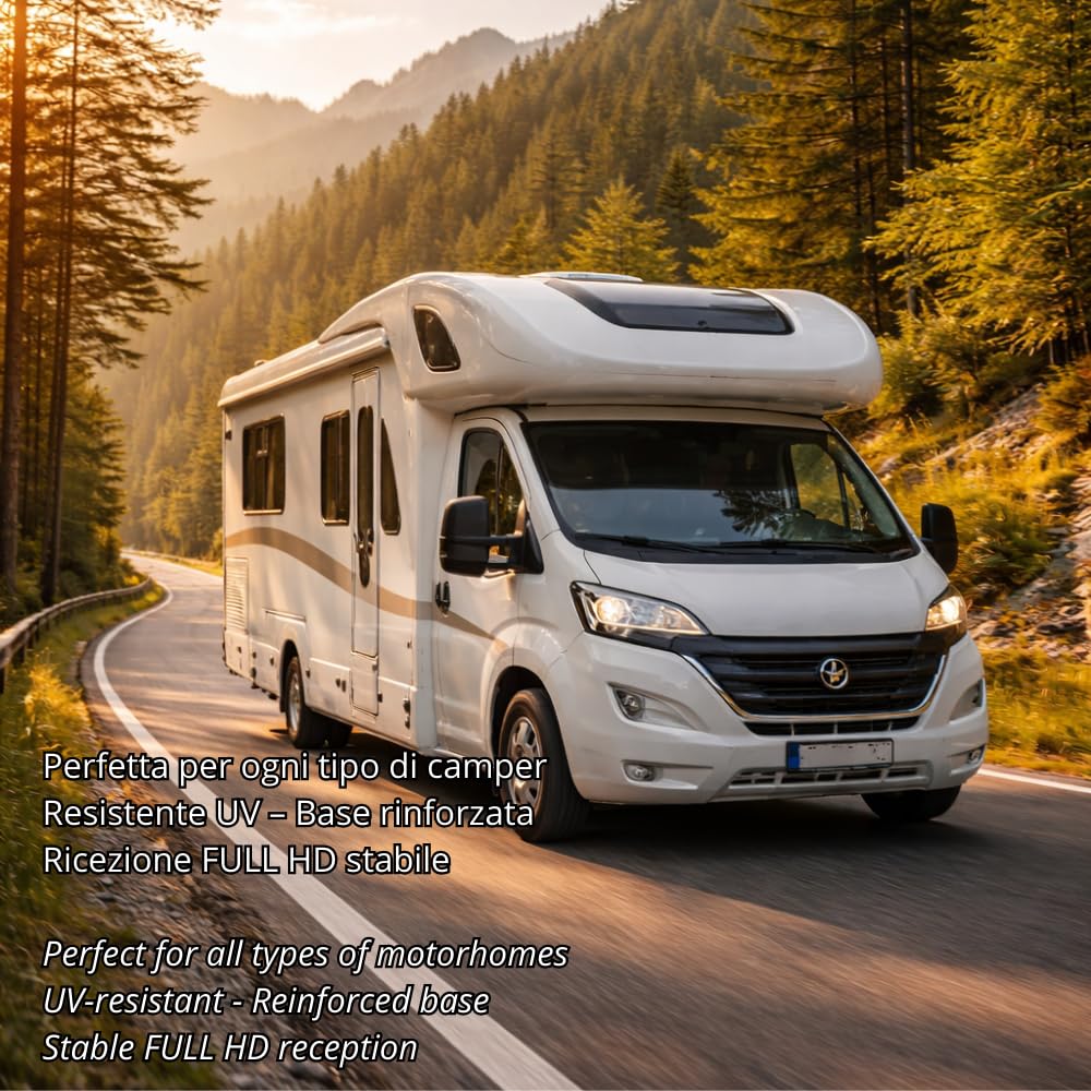 Glomex – Antenna TV/FM/DAB "Oasis AGC Black" Ø25cm (Nero), Modello T480AGC/BK – Amplificatore Automatico, Kit Tetto, Per Veicoli da Viaggio (Camper, Van) – Stile Moderno FULL HD