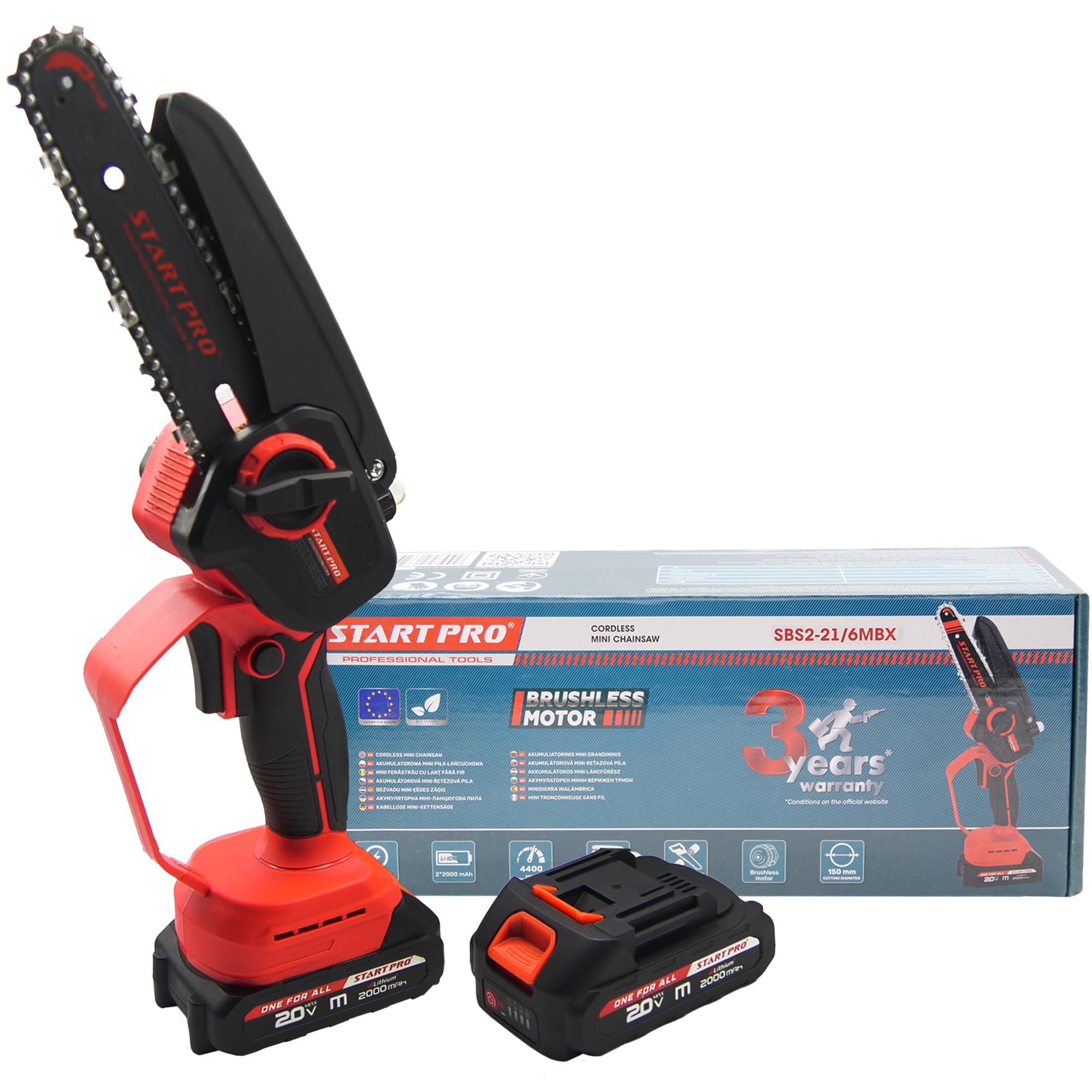 Mini piła łańcuchowa akumulatorowa 6 cali StartPro SBS2-21/6MBX, elektryczna piła łańcuchowa z 2 akumulatorami 2,0 Ah i ładowarką, 2 łańcuchy, ręczna piła łańcuchowa do cięcia drzew, gałęzi, drewna