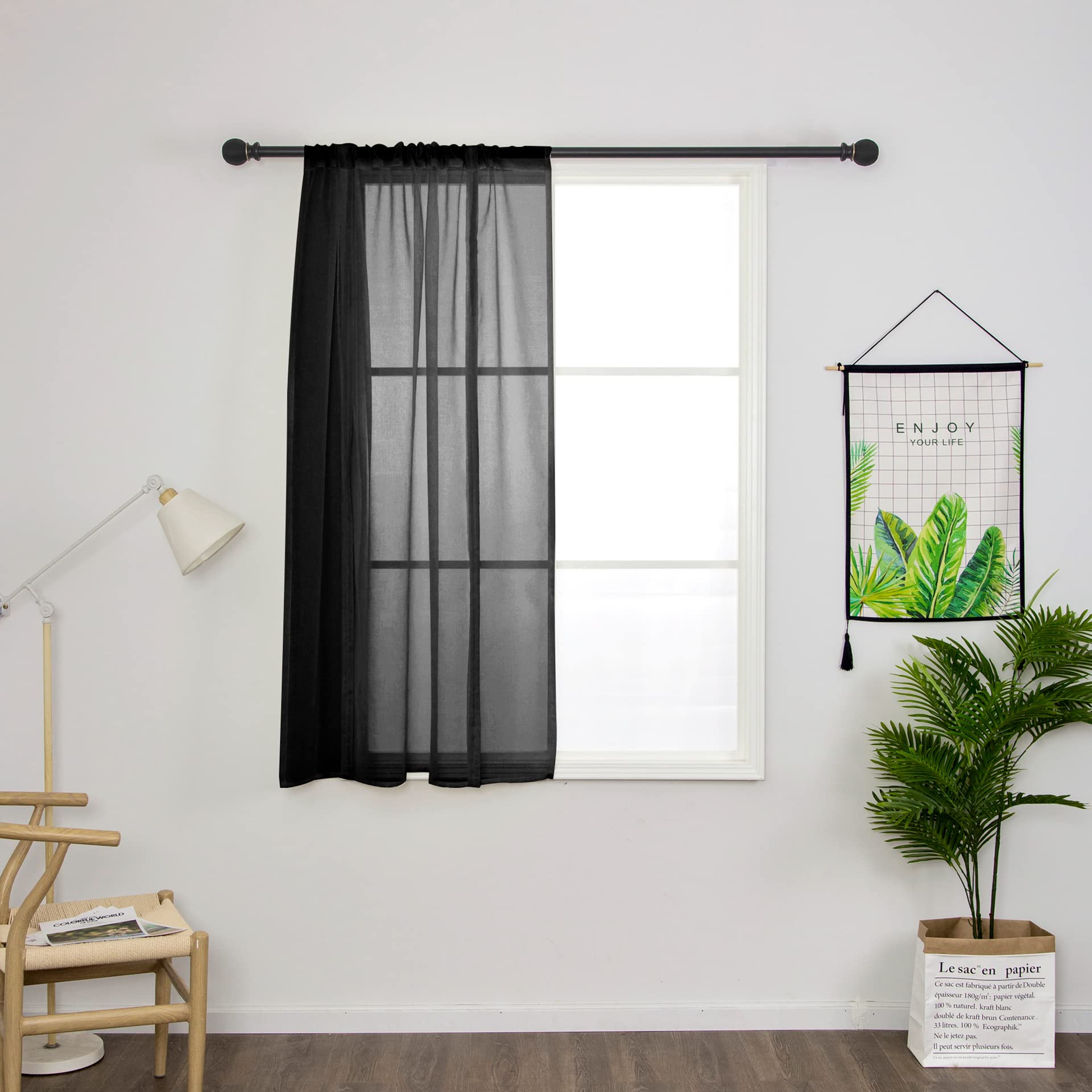 Roleta rzymska z woalu, klasyczna, jednokolorowa, przezroczysta zasłona z kieszenią na pręt, do kuchni, na balkon, do salonu, dekoracja okna, 1 panel, czarna, 100 x 140 cm