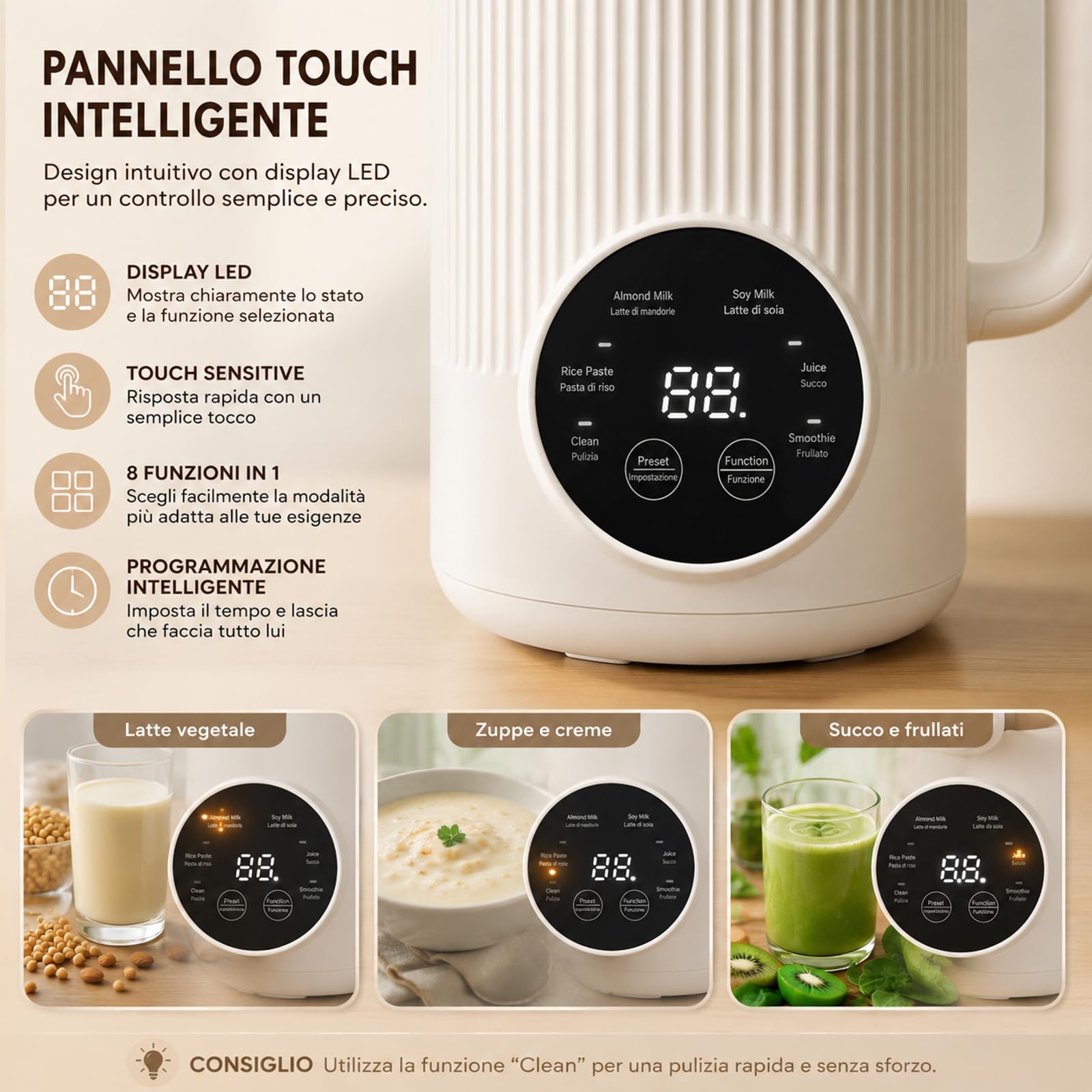 Vitamixia Macchina Multifunzione 8-in-1, Frullatore Estrattore per Bevande Vegetali, Latte di Mandorla e Soia, Robot da Cucina per Frullati, Vellutate e Succhi, Cleenovia Design (#A)