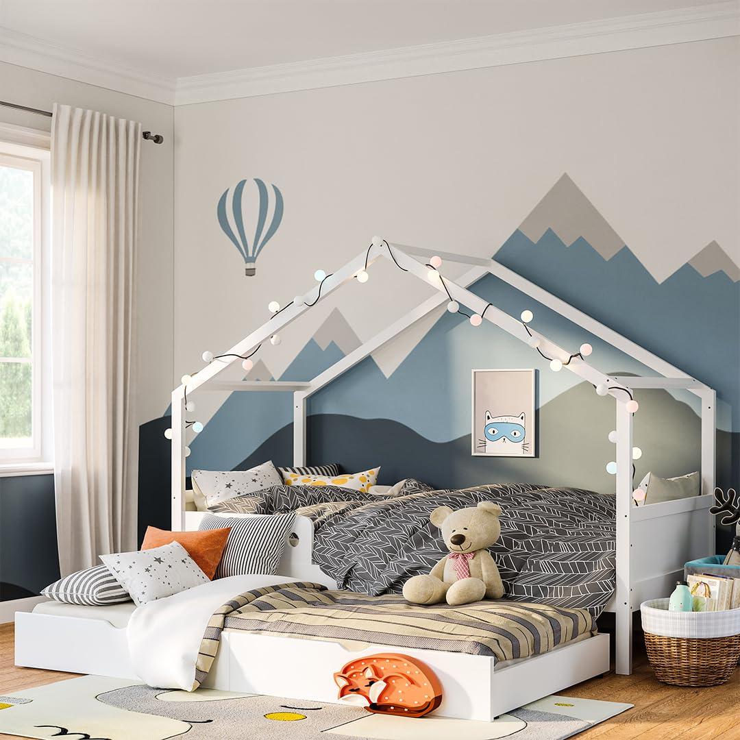 Bellabino Bela Kinderbett 90x200 cm – Hausbett mit Rausfallschutz & Lattenrost – Kinder Bett mit Gästebett für Jungen und Mädchen – Montessori Kinderhausbett aus Kiefer Holz in Weiß