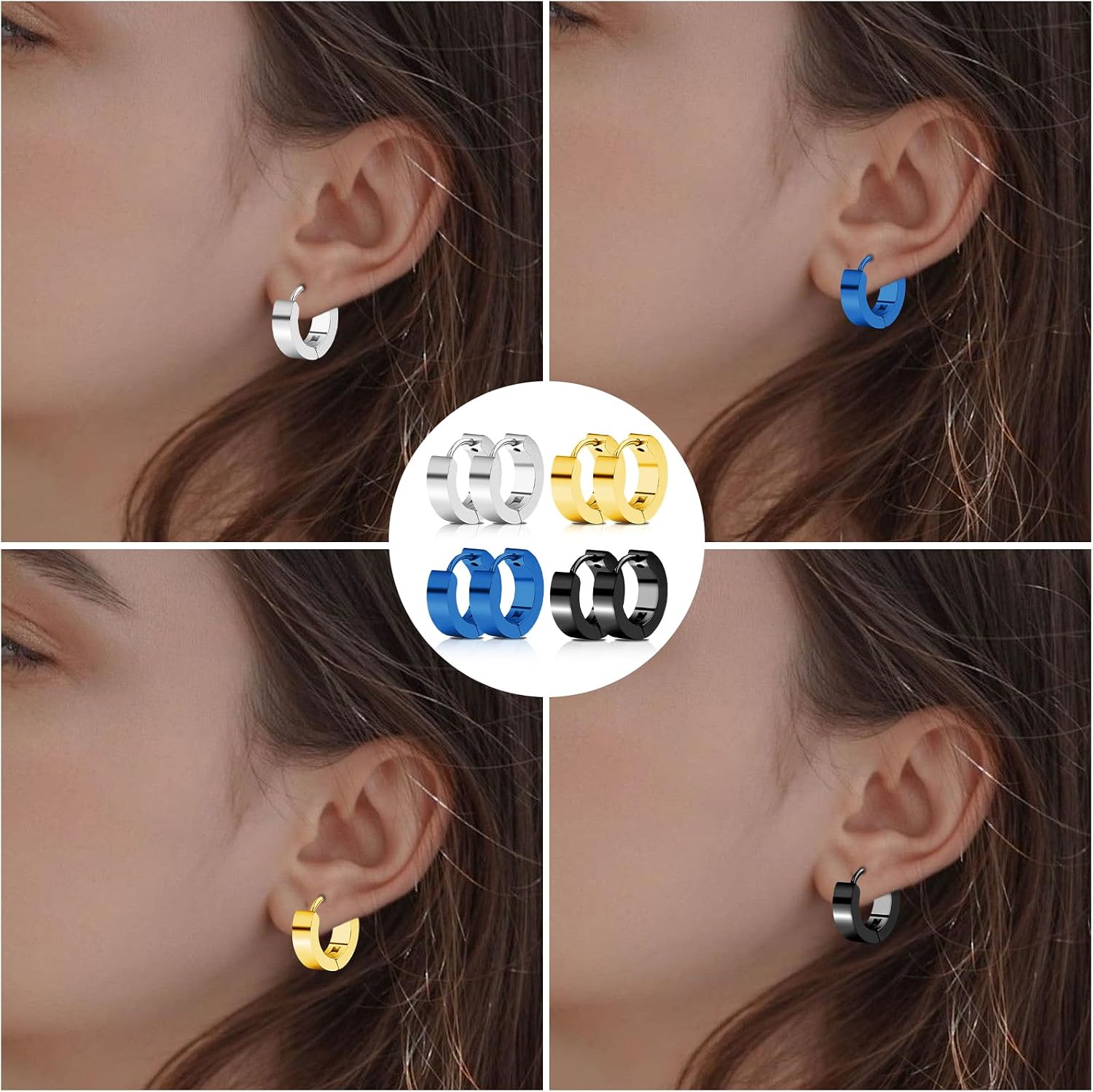 4 Pairs Unisex Hoop Earrings Set – 4 Color Stainless Steel Small Huggie Earrings for Men & Women (Gold, Silver, Black, Blue) | Hypoallergenic Ear Piercing Jewelry