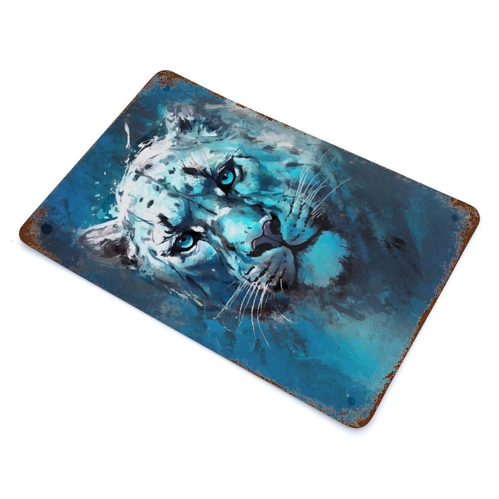 Snow Leopard Gaze Aged Metal Wall Plaque 11.8"x7.9", Farmhouse Wall Decor for Office, Studio And Wall Decor
