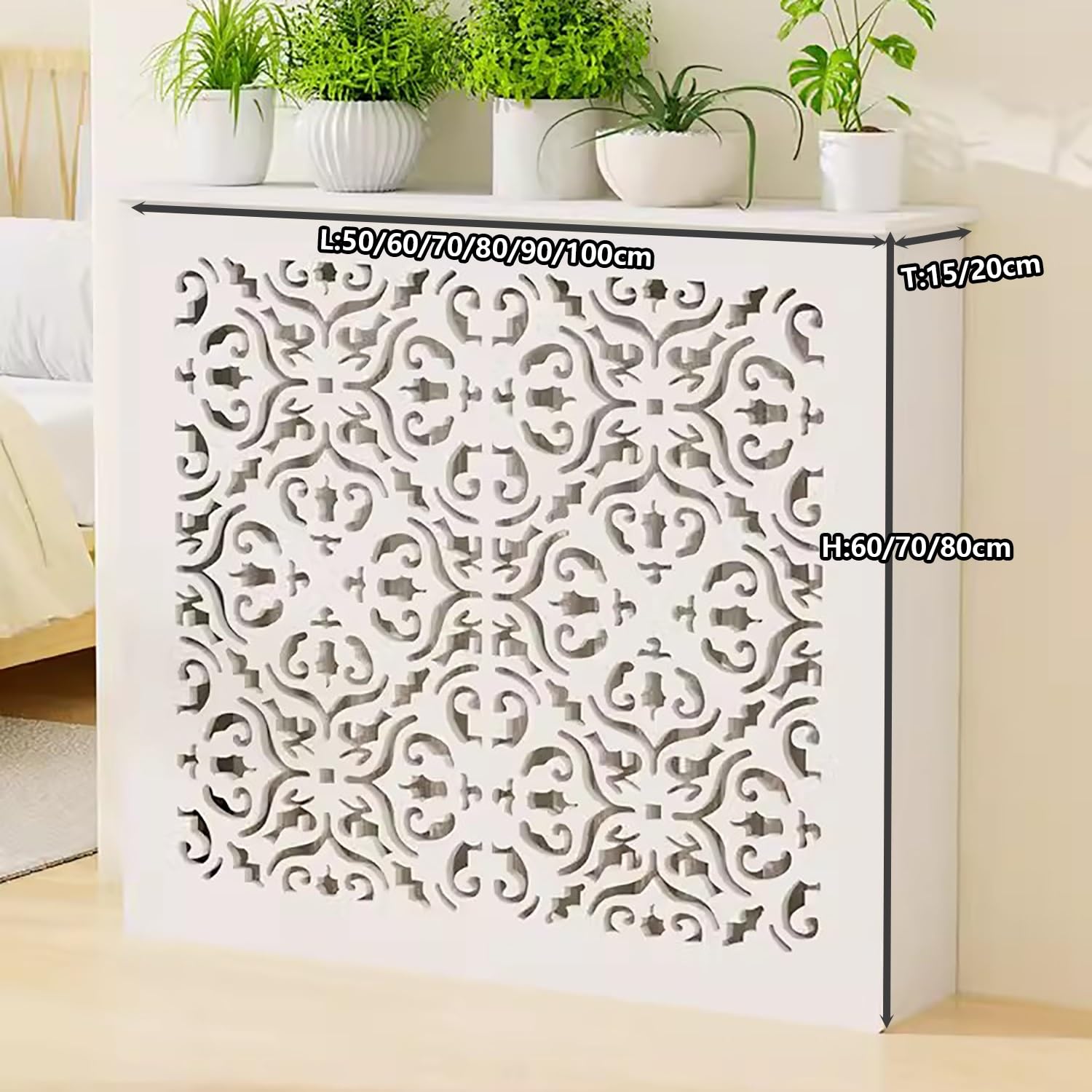 Gabinete con cubierta de calefacción, cubierta blanca para radiador, gabinete con estante para parrilla con persianas, cubierta para radiador de MDF, gabinete con estante para parrilla con persianas