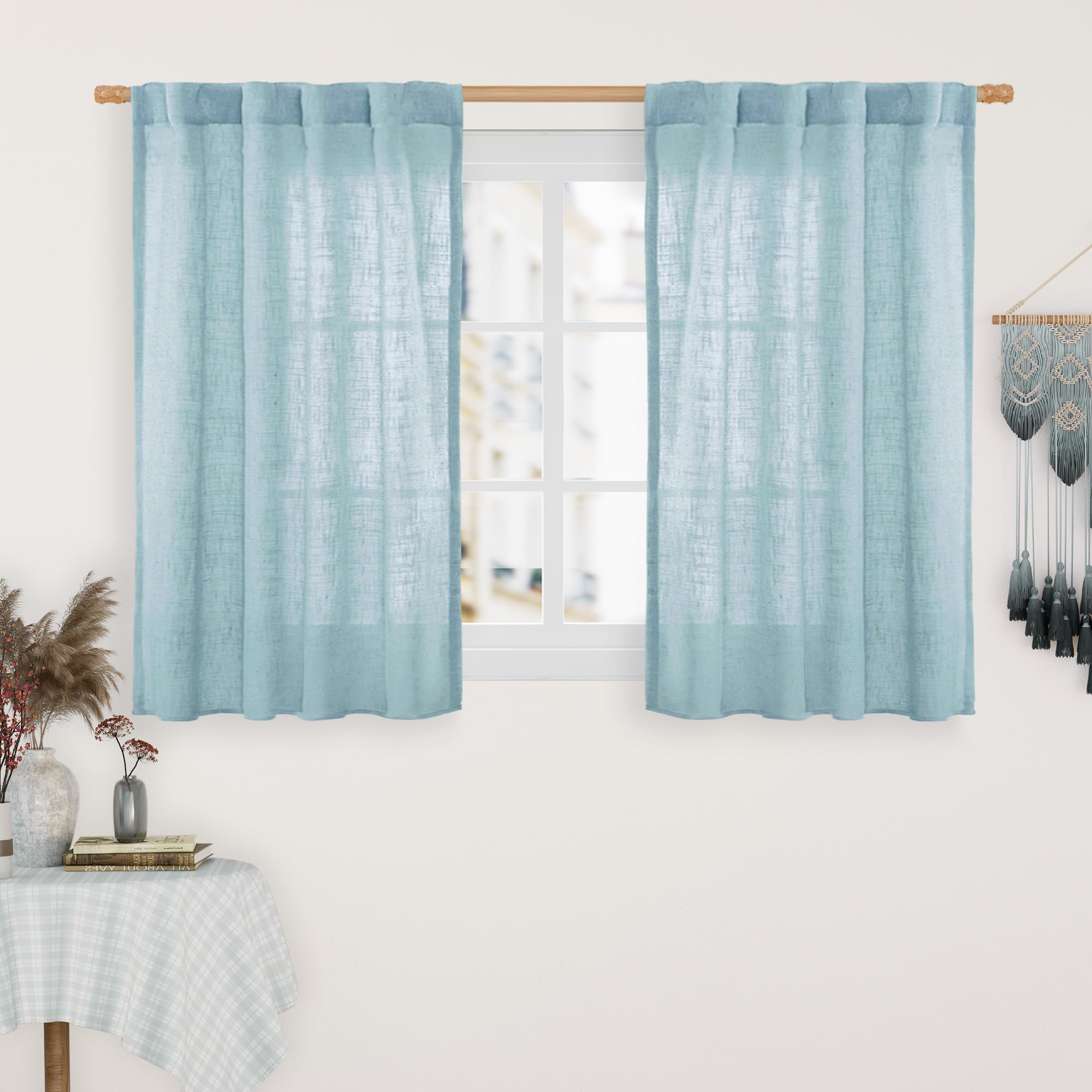 LAMIT 40 Inch Length Linen Curtains for Small Windows, Semi Sheer Light Filtering Panels Back Tab and Rod Pocket Country Decor Drapes for Basement/Kitchen, Stone Blue, 2 Panels, 34 x 40 Inch โ image 1