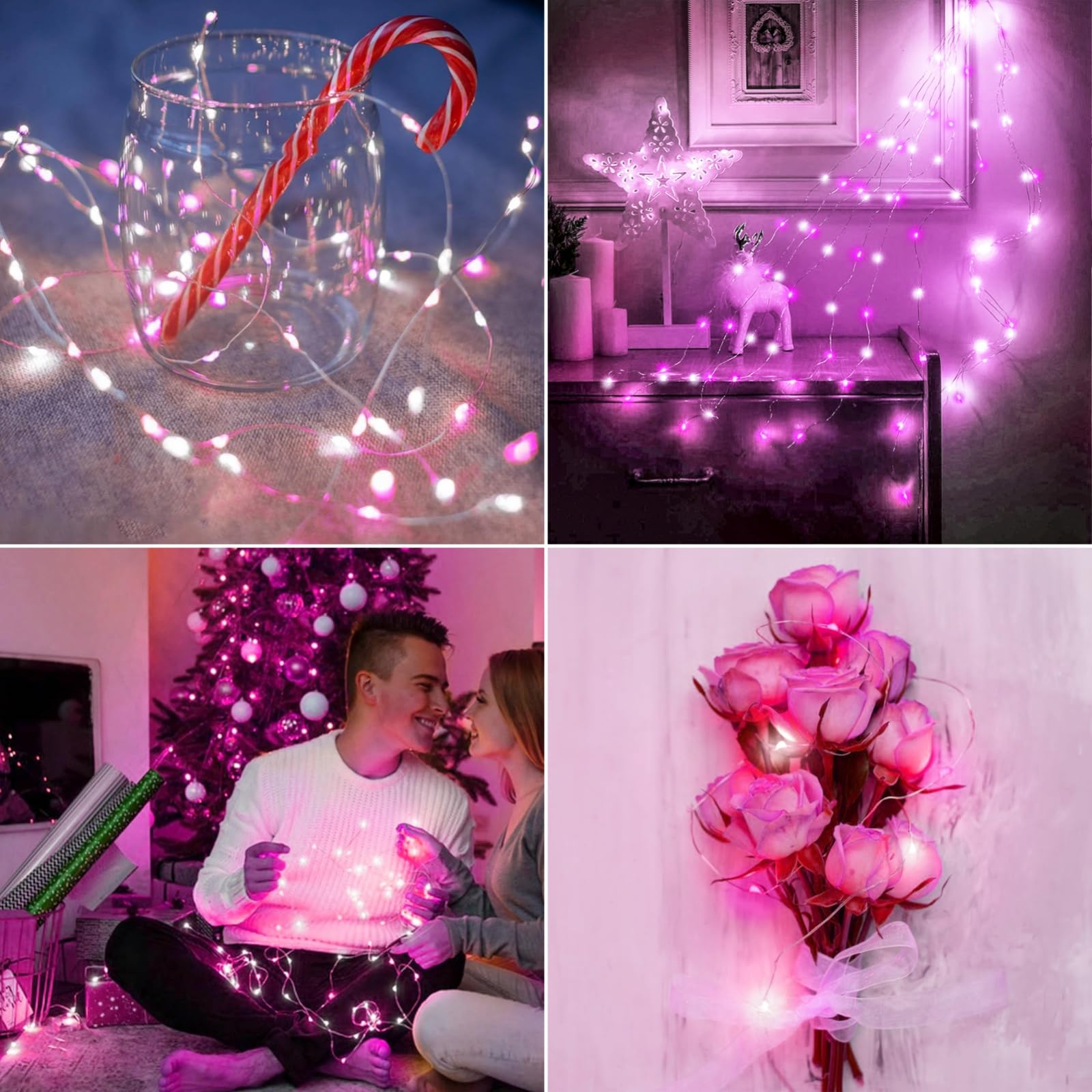 Paquete de 4 50 luces LED de hadas que funcionan con pilas con temporizador, luces de Navidad estrelladas impermeables de 16 pies para exteriores e interiores, regalo para el hogar, boda, decoración