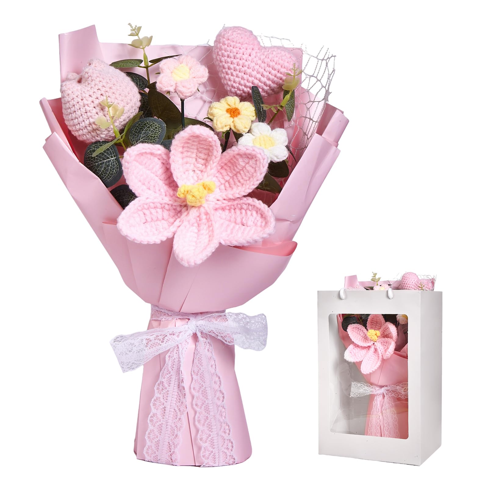 Aigocity Pink-C Crochet Flower Bouquet,Handmade Knitted Artificial Flowers Pink