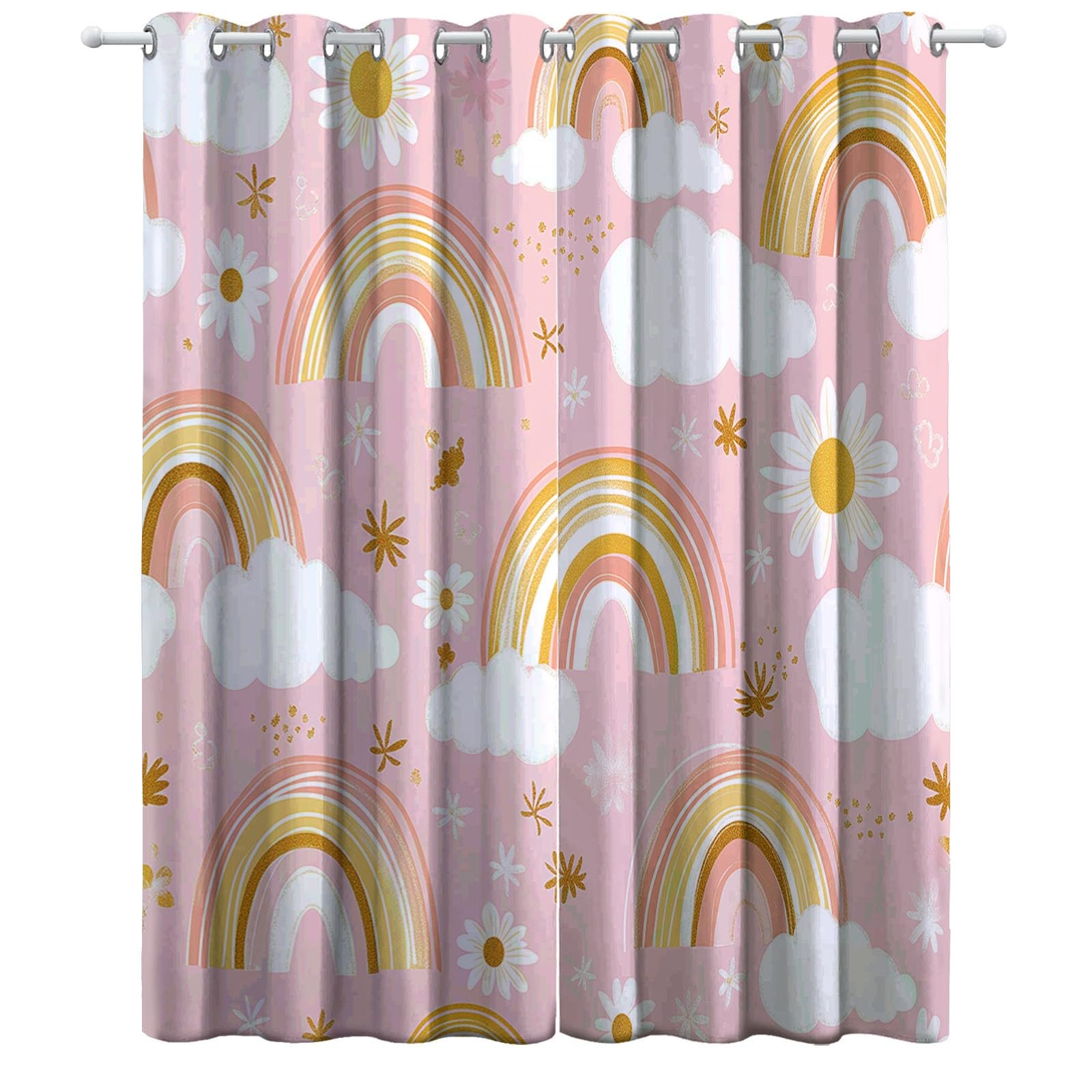 Générique Rideaux Occultants Nuages Arc en Ciel Plantes Fleurs, Rideaux Imprimé Isolant Thermique Anti Froid - Draperies Polyester Oeillet Rose pour Chambre Salon Décoration Lot de 2 110L x 215H cm