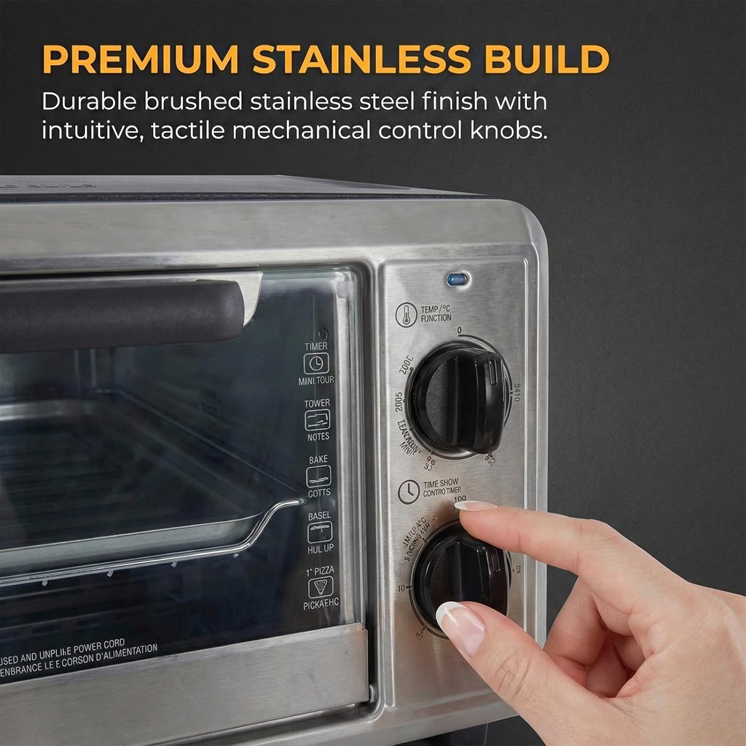 NEWBULIG 10.6QT Countertop Toaster Oven, 4-in-1 Multi-Functional Oven for Baking, Pizza, Broiling, Includes Baking Tray, Baking Rack, 0-450°F Temperature Control, 30-Min Timer, Stainless Steel