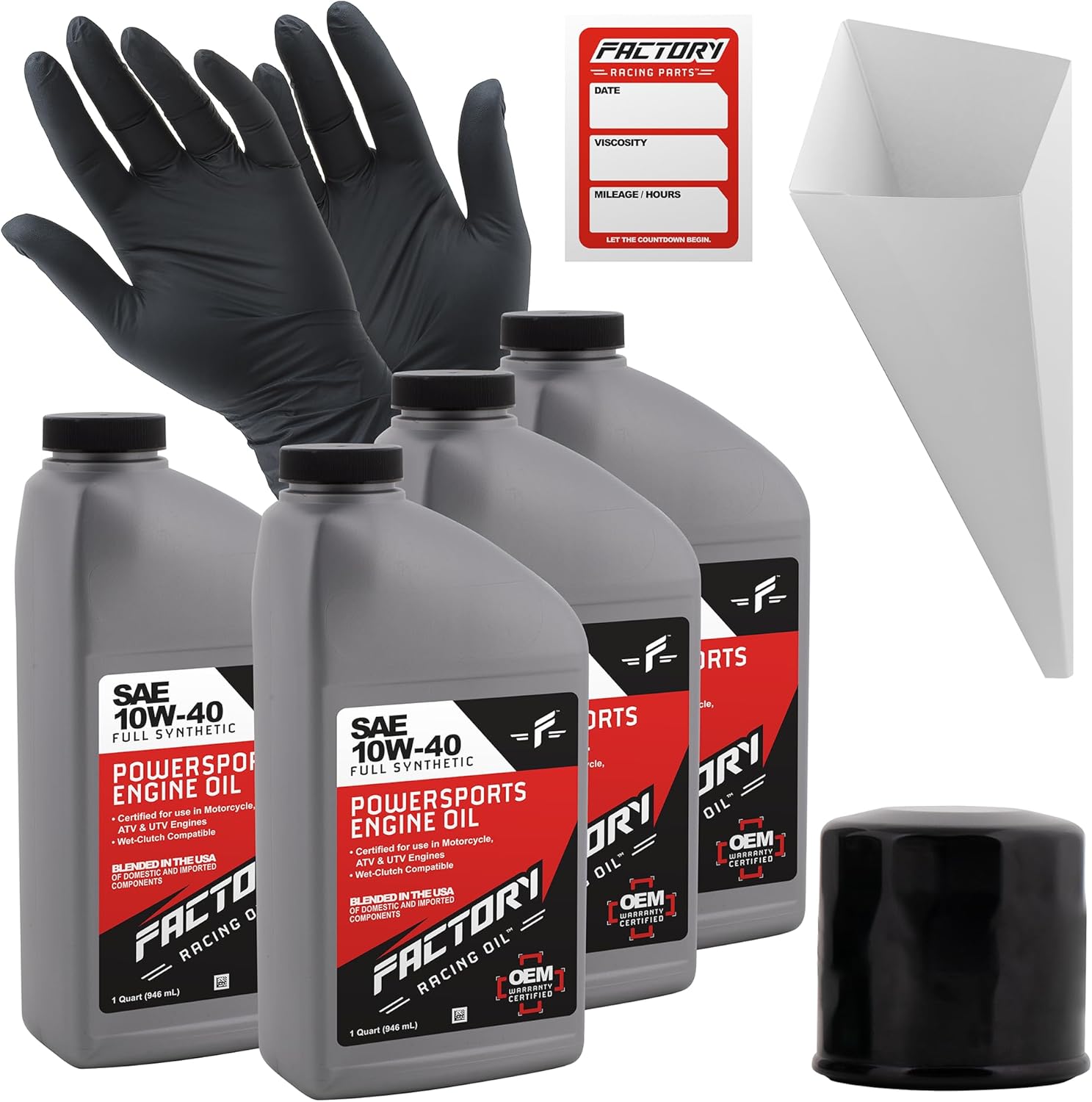Factory Racing Parts Full Synthetic Oil Change Kit compatible with Yamaha XTZ12 Super Tenere – Includes 4 Quarts of SAE 10W-40 Oil, 1 Filter, 1 Funnel, 1 Oil Change Sticker