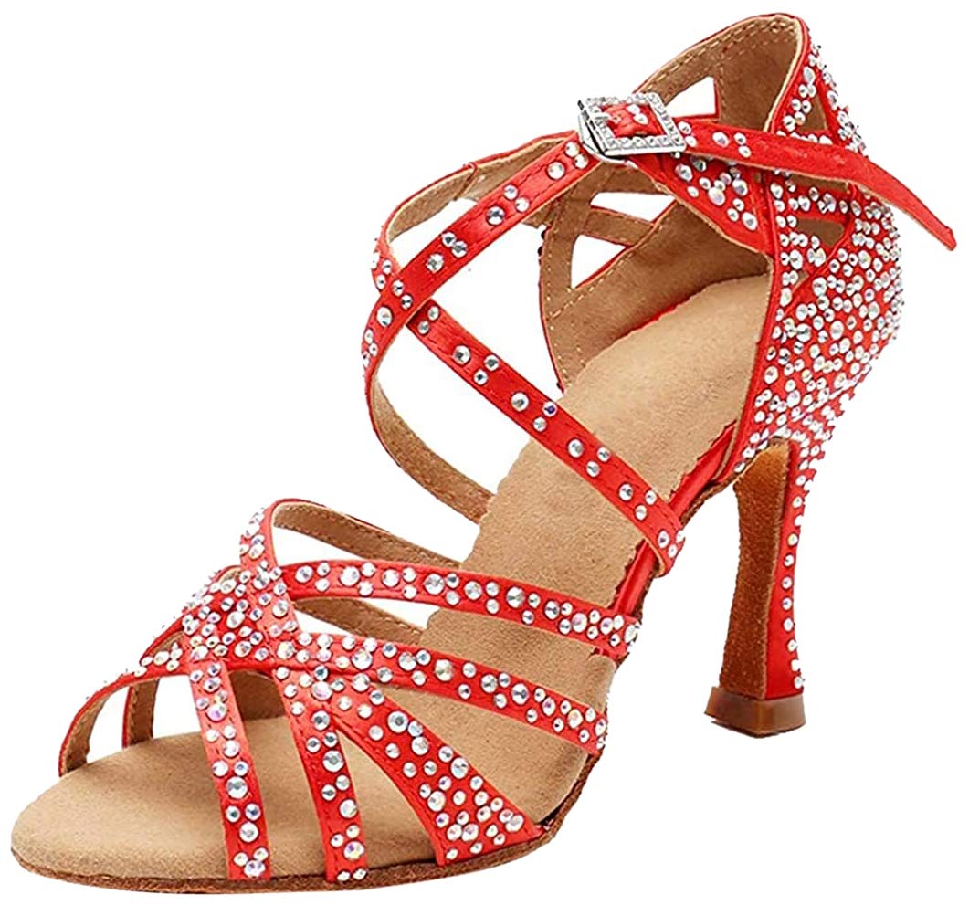 Sandalias de baile moderno latino con correa cruzada para mujer, con diamantes de imitación de tango social, bailes, Tacón marrón de 9 cm.