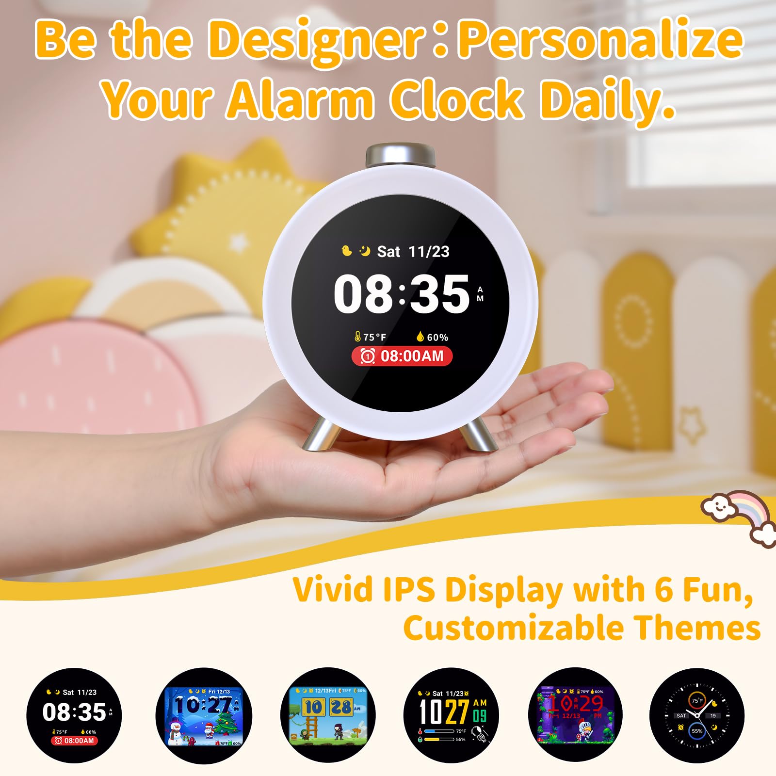 Dekala Despertador Infantil Caja Redonda con Pantalla IPS, Sensor De Temperatura & Humedad, Temas Interactivos, Sonidos De Sueño, Alarmas Personalizables para Niños Y Niñas (gris)