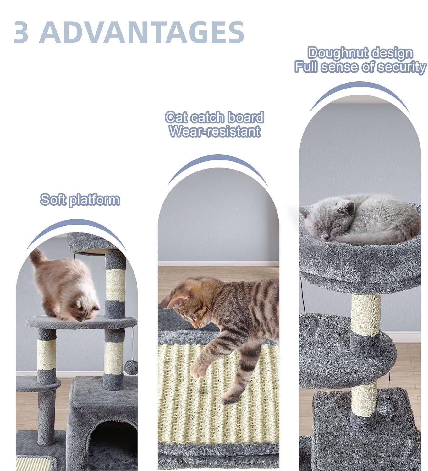 فينيسين شجرة قطط، مسكن للقطط 87 سم مع عمود خدش من السيزال، برج شجرة للقطط متعدد المستويات مع منزل للقطط، سرير قطط، أعمدة السيزال ومكان الراحة للقطط الداخلية (رمادي)