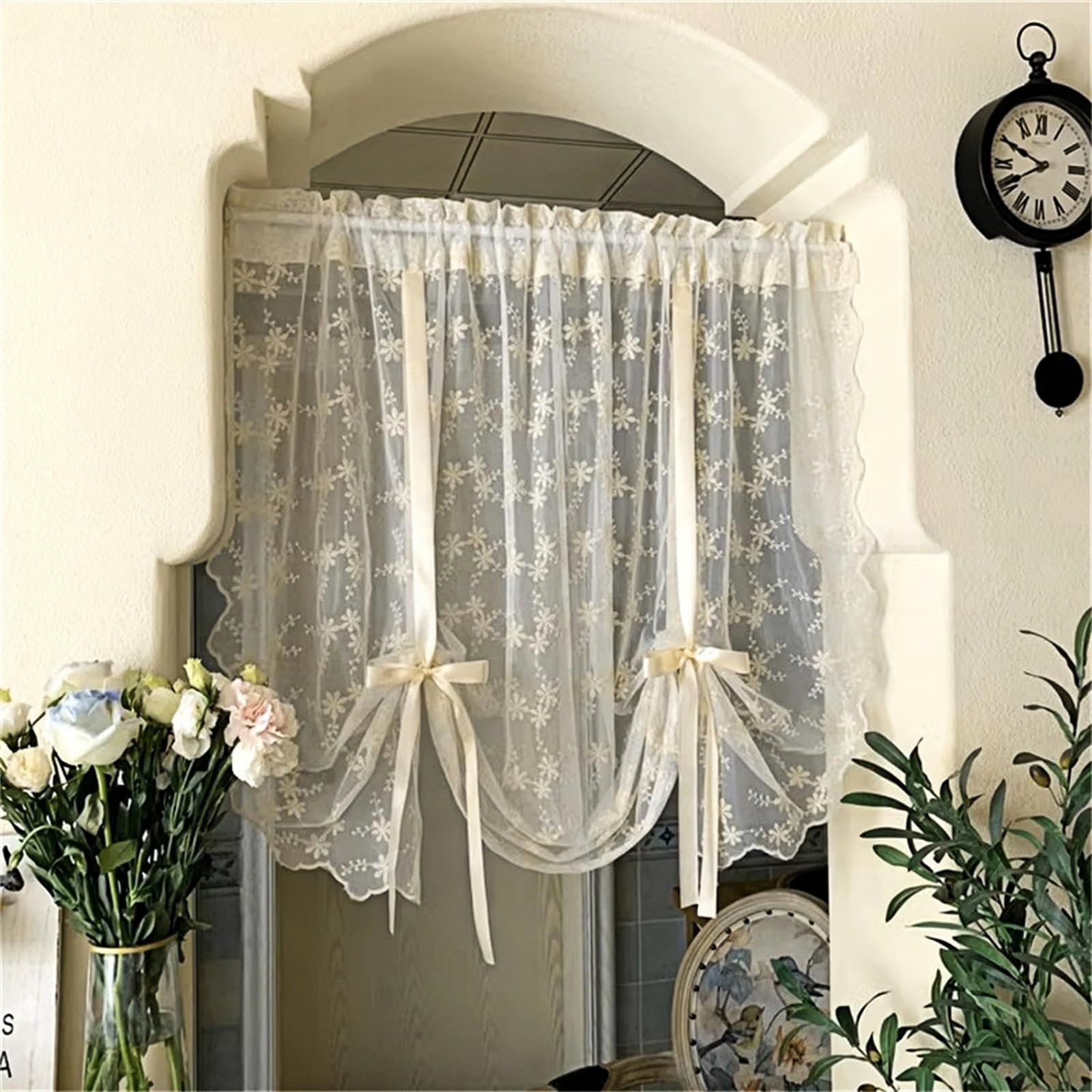 Ivory Embroidery Floral Sheer Curtain Tie Up Balloon Curtain Shade for Kitchen Bathroom Tulle Farmhouse Valance Rod Pocket Voile for Living Room Small Window 1 Panel Width 55 x 71 inches Length