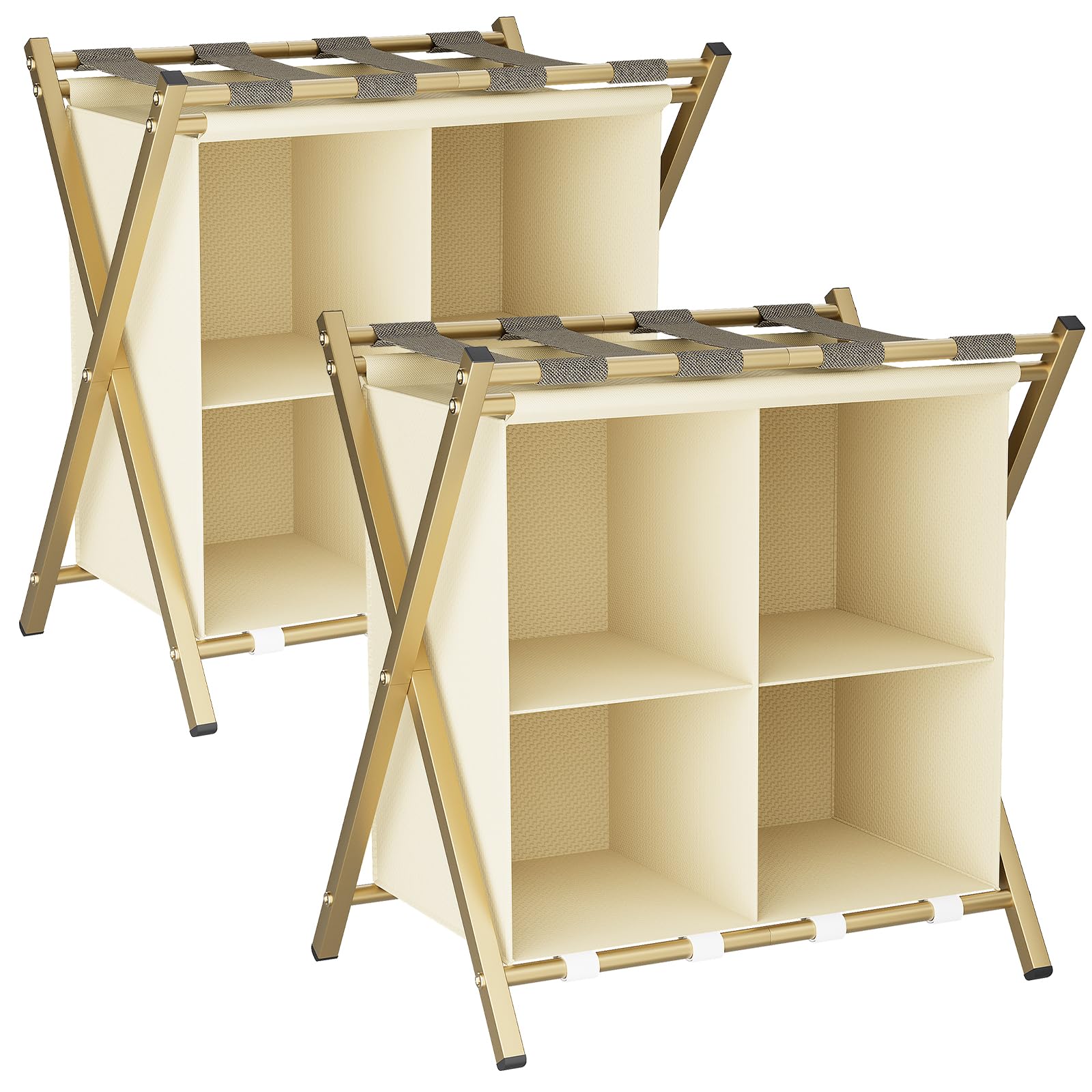 Huhote Gold Folding Metal Luggage Rack, Suitcase Stand With Storage Shelf, Portable Luggage Rack For Guest Room, 2 Tier Luggage Stand Holder For Hotel, Suit Case Holder Travel Chest Storage Stand, 2 Pack