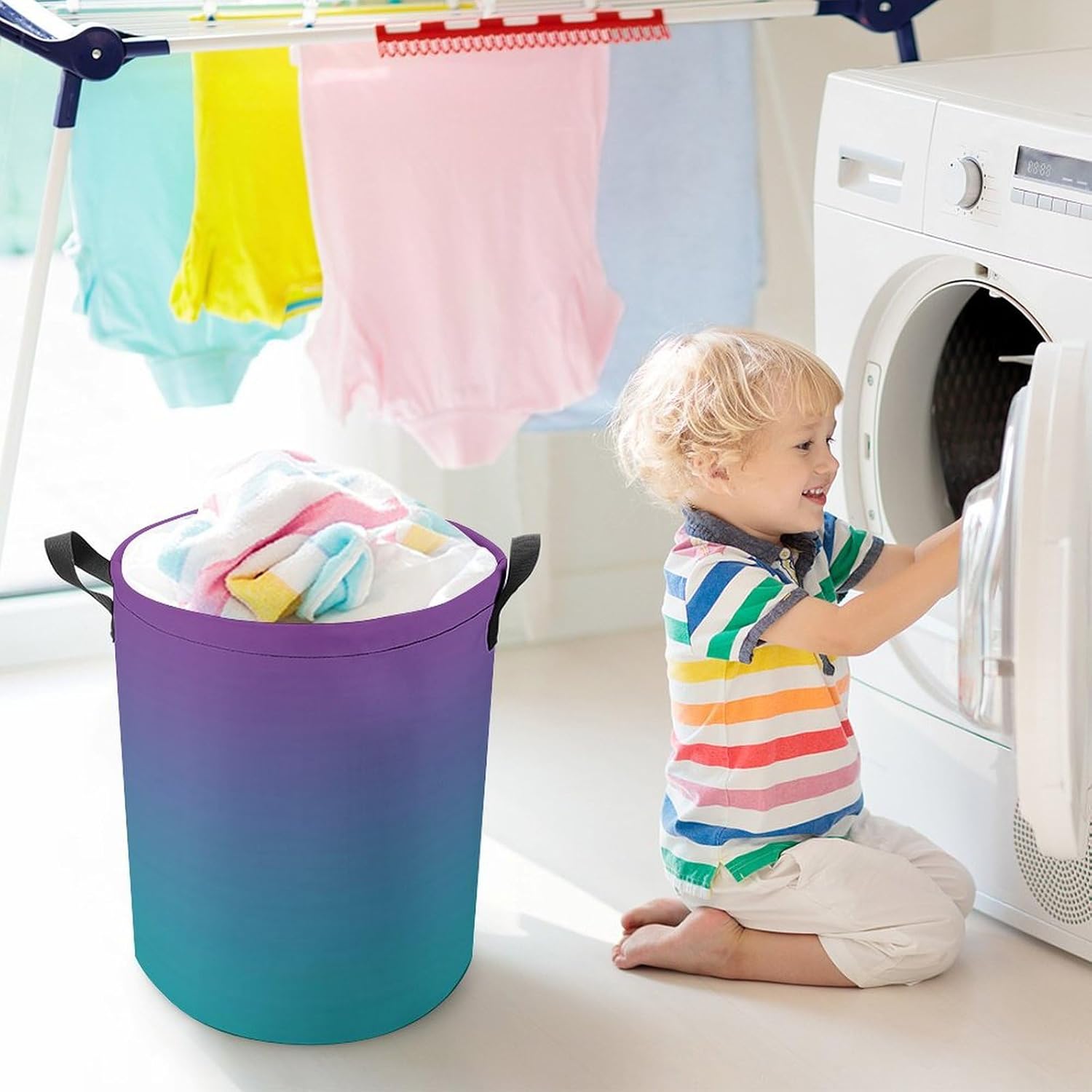Large Laundry Basket, Deep Purple and Teal Ombre Collapsible Laundry Hamper with Drawstring Dirty Clothes Washing Bin for College Dorm Storage Essentials