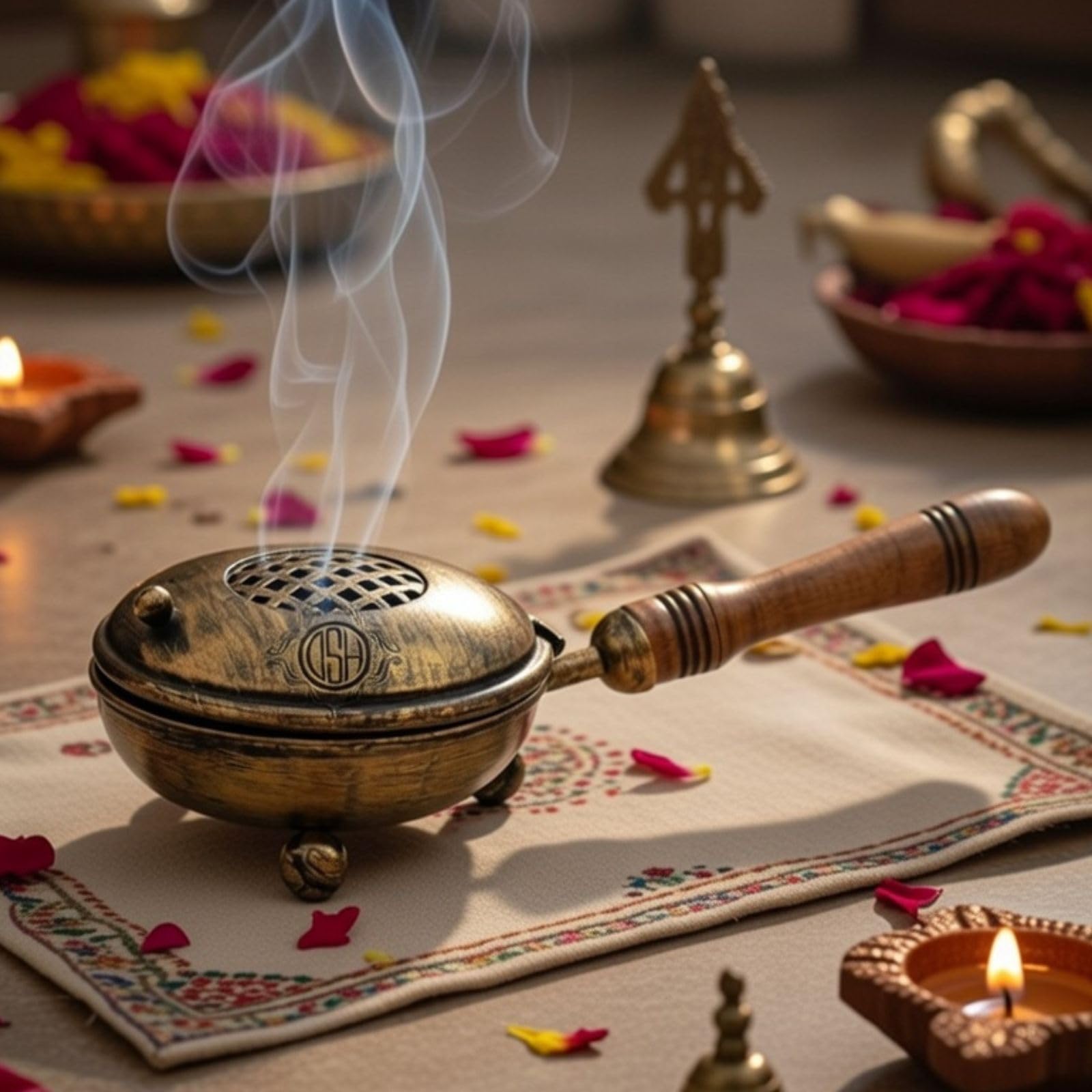 DSH Charcoal Incense Burner, Loban Burner With Handle, Dhoop Dhuni Burner Sambrani Dhoop, Resin & Home Office Temple Prayer Butler(Round)