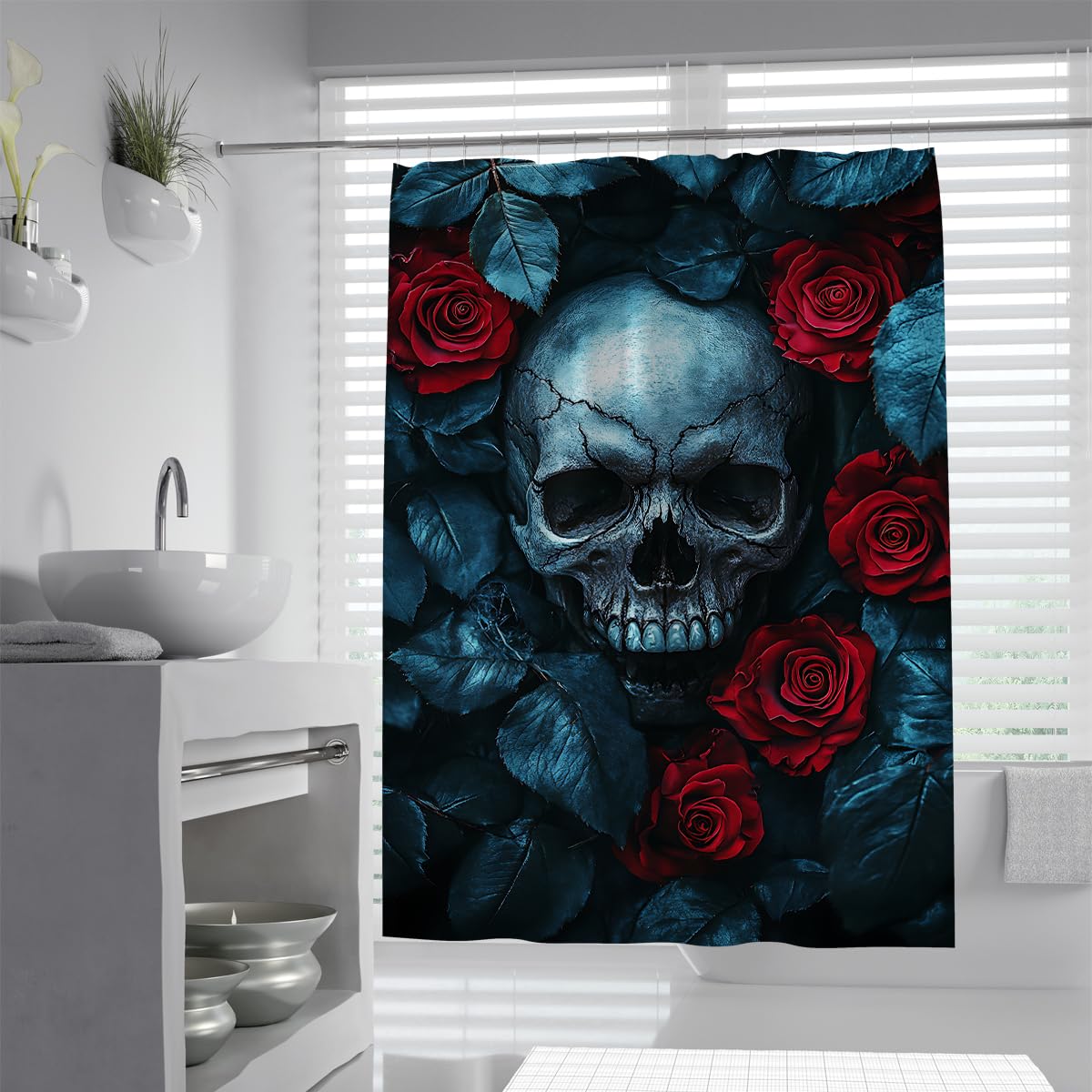 Tende Doccia Teschio Rosa Rosso Halloween Foglie Blu 200x200cm