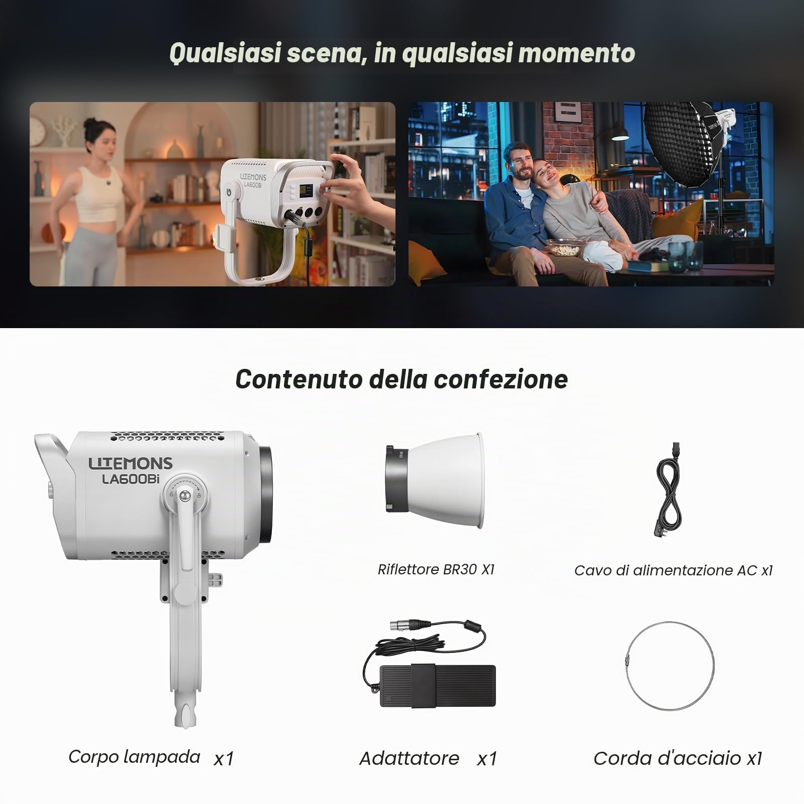 Godox Litemons LA600Bi Luce Video Luce Continua Video con Riflettore BR30,Video Light 600W 212500Lux@1M,2800K-6500K Luce Continua Piatta con Attacco Bowens e 11 Effetti FX