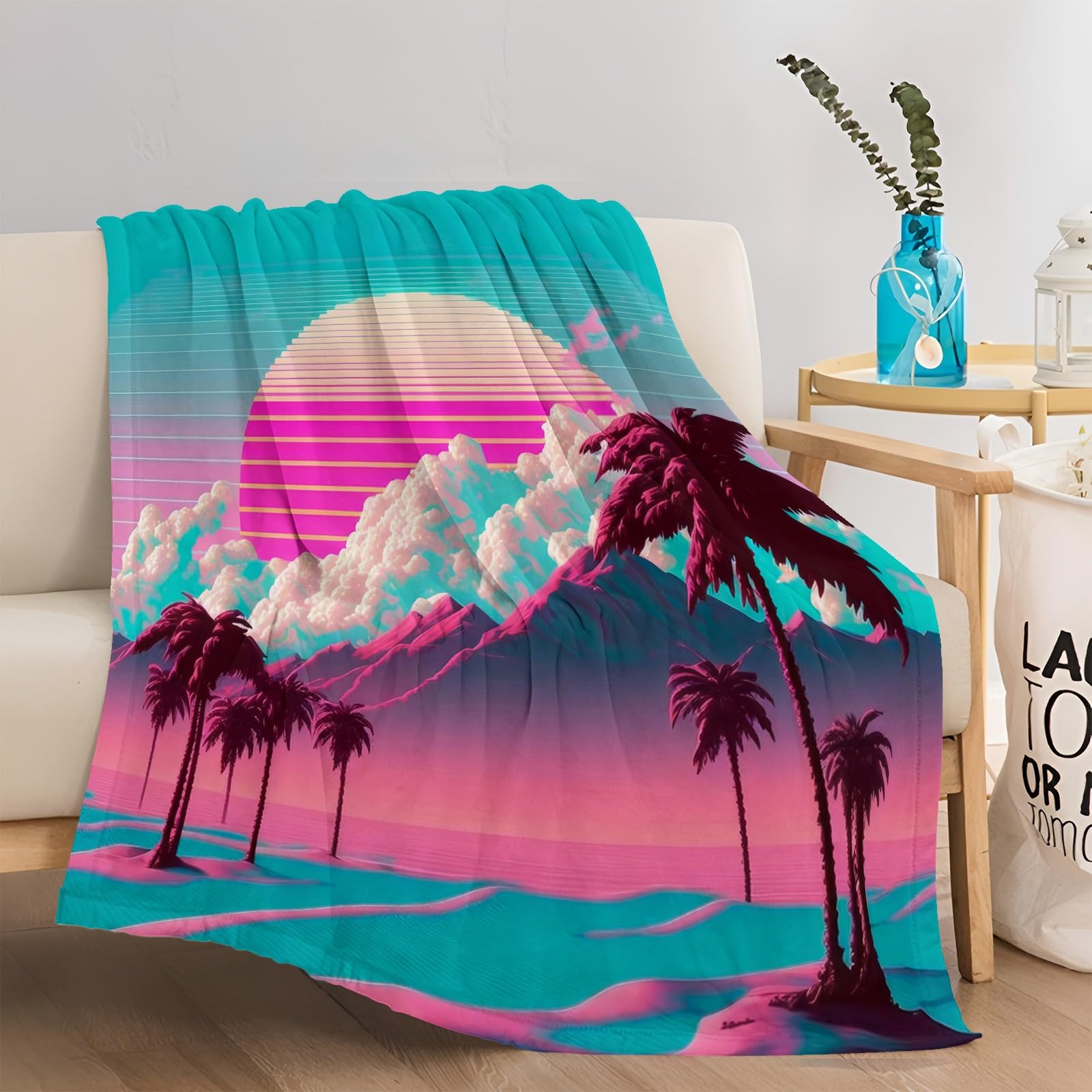 Couverture Flanelle Doux et Confortable 150x200 cm Soleil Rose de Dessin Animé Paysage de Montagne Motif Couverture Plaid Polaire Couverture de Canapé Lavable, Couverture pour Chambre Canapé et Lit
