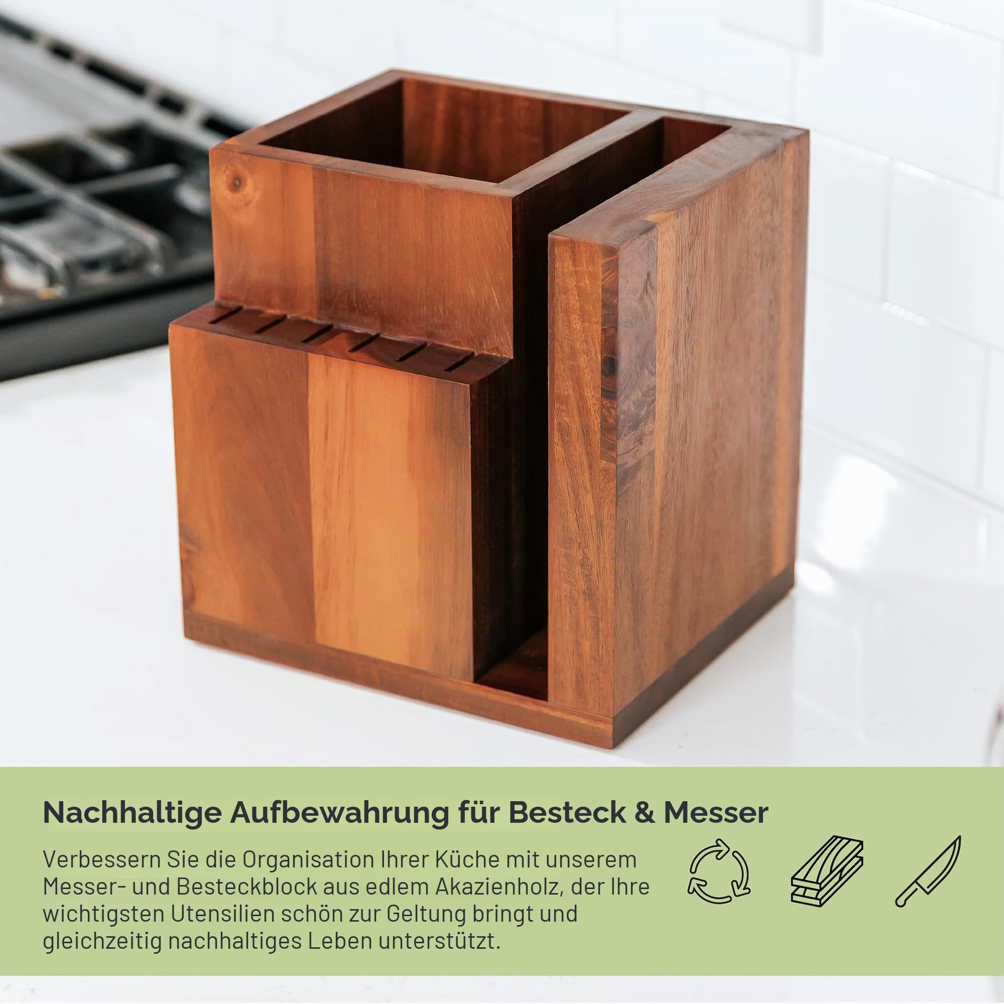 KitchenEdge Magnetischer Akazienblock für Messer und Küchenutensilien, elegante Aufbewahrung für Kochmesser, Steakmesser, Spatel, Schere, rutschfeste Gummifüße