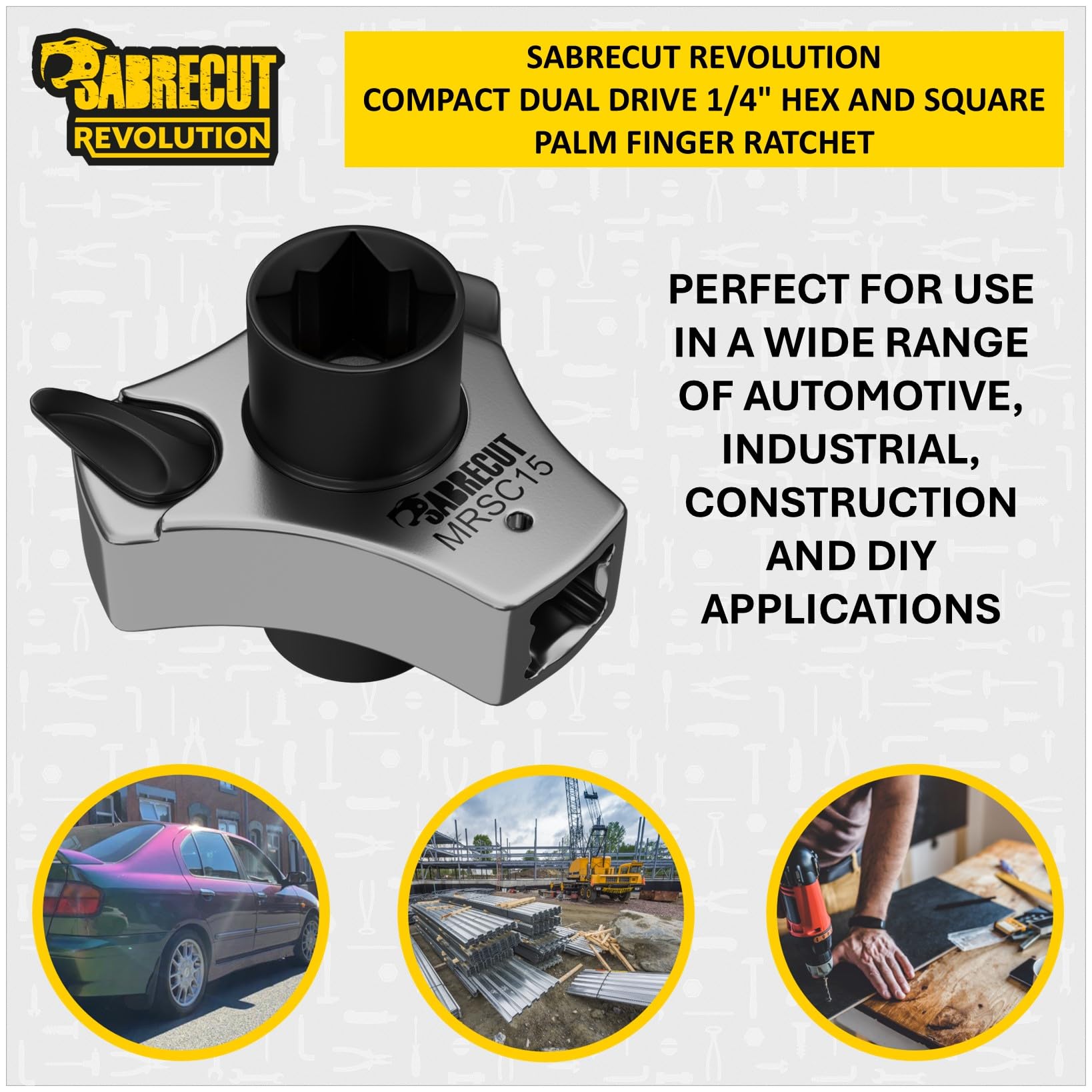 SabreCut 1 x MRSC15 Compact Dual Drive Palm Finger Ratchet, 1/4" Hex and Square Drive - Image 4