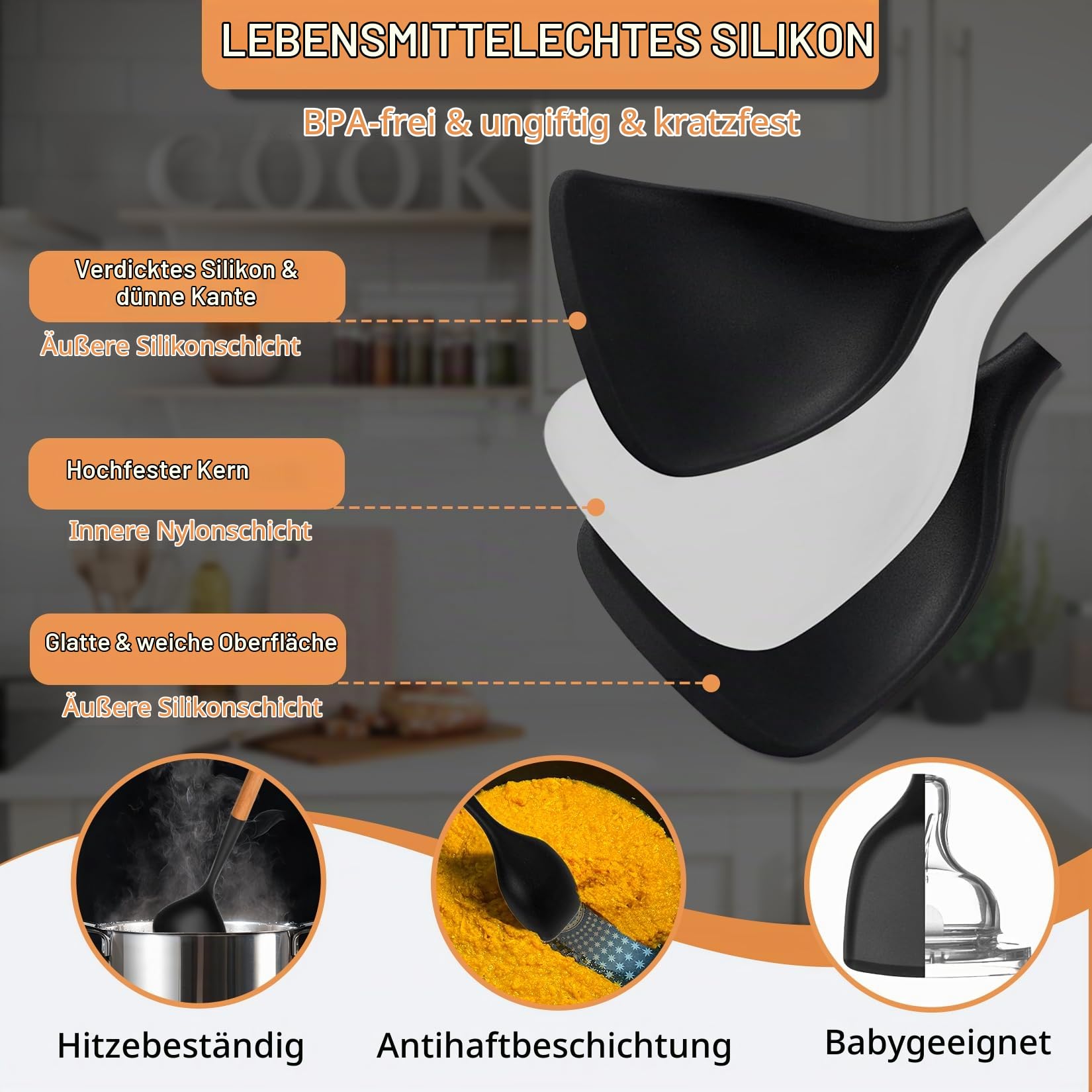 25-teiliges großes Silikon-Küchenutensilienset mit Halter, BPA-freies Kochutensilienset mit Holzgriff, hitzebeständige Silikonspateln mit Wender für antihaftbeschichtetes Kochgeschirr (schwarz)