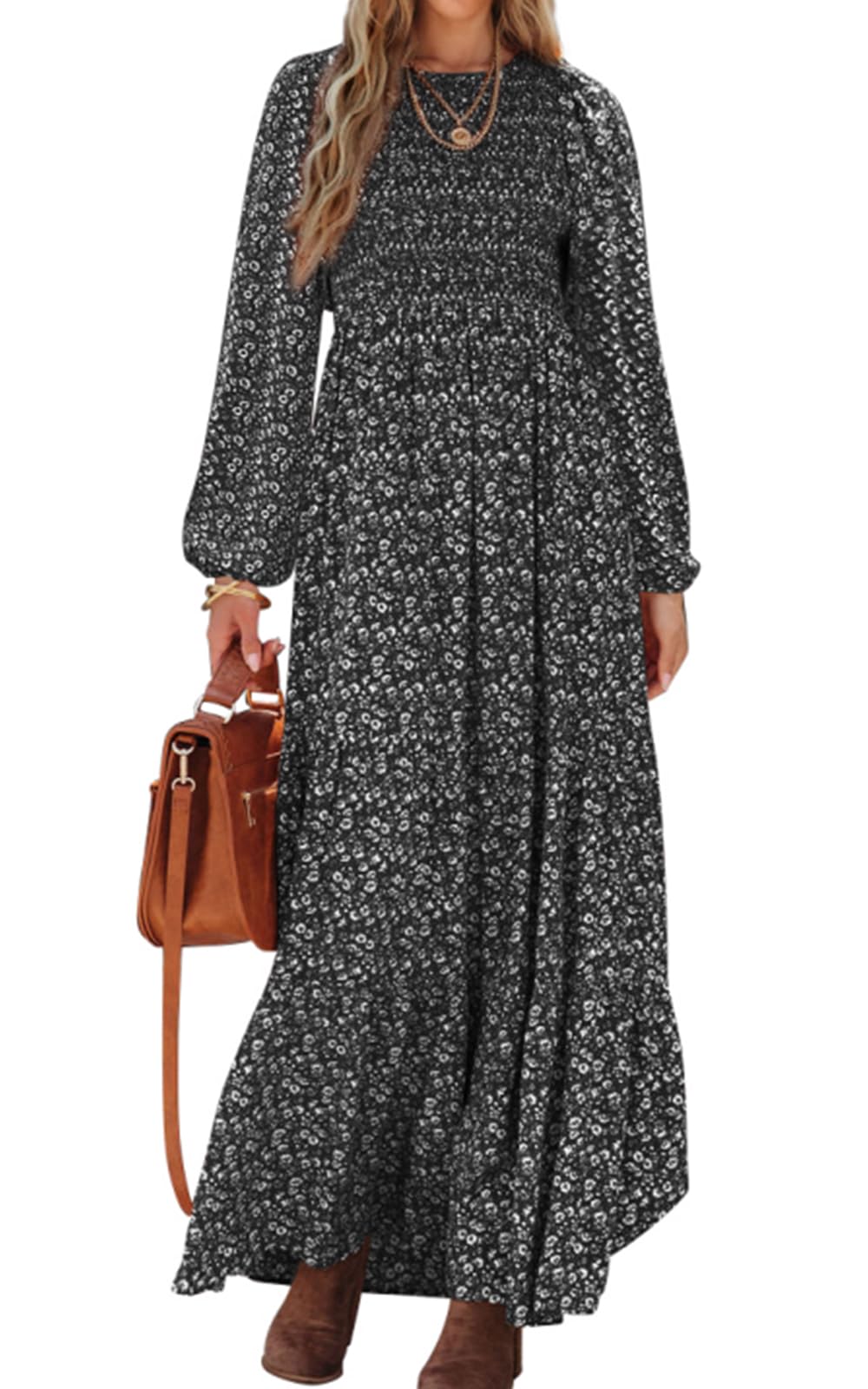 PRETTYGARDEN Long Sleeve Floral Maxi Fall Dresses for Women Trendy Outfits | Crewneck Smo…