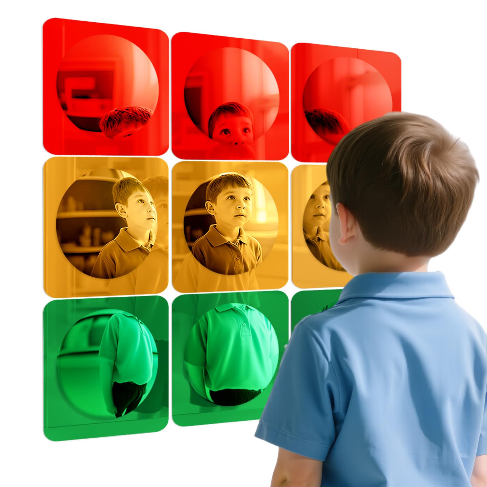 Geiserailie 9 Pcs Acrylic Sensory Wall Bubble Mirror Color Convex Mirror Toys for Preschool Classroom, Daycare Calming Corner Supplies Pet Enrichment (6.4 x 6.4 Inch,Red,Yellow,Green)