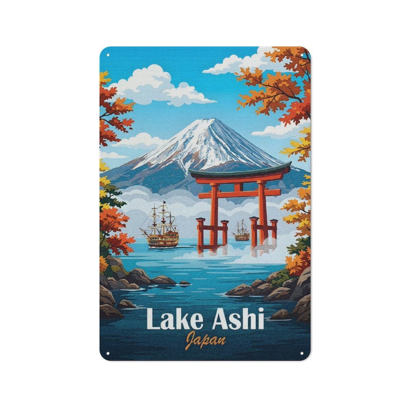Vintage Metal Plaque 30x20cm Featuring Lake Ashi Japan Travel, Diner Style Decor for Restaurant, Kitchen, Counter Or Breakfast Nook