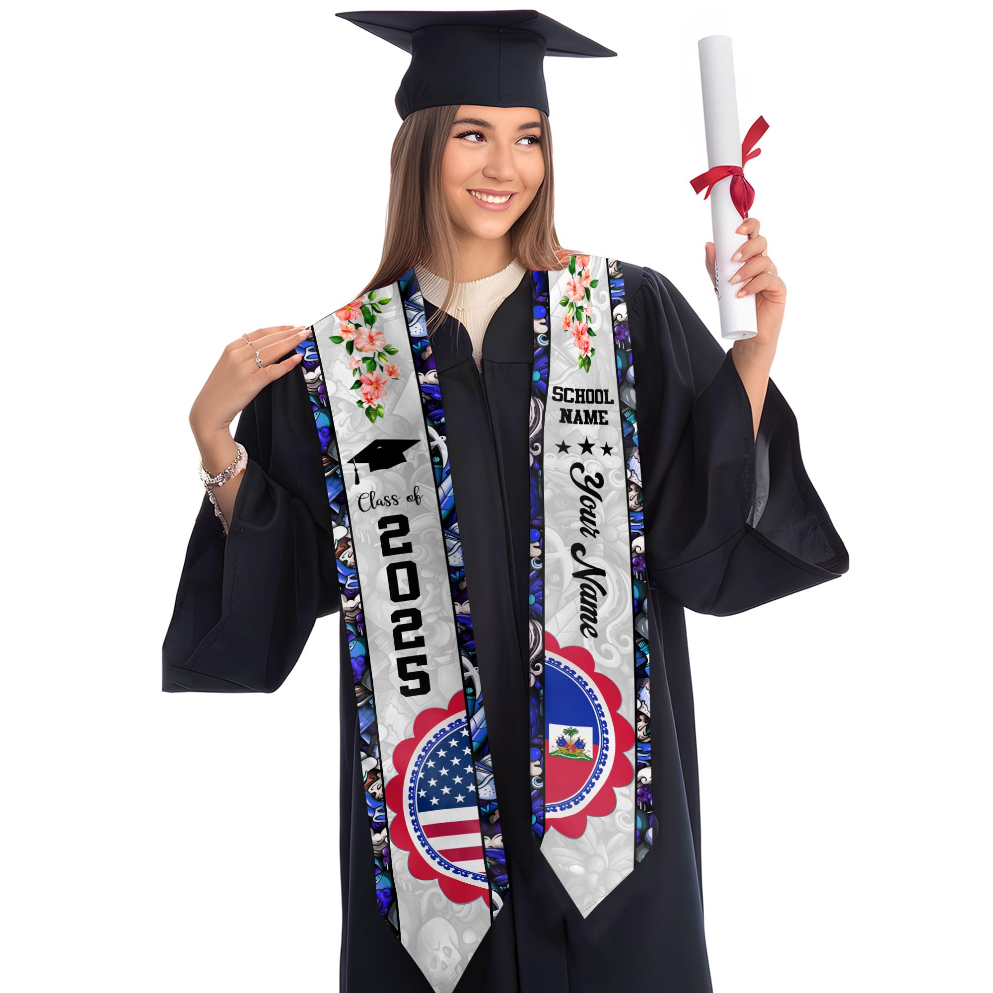 MonkeyVan Personalized Haiti Graduation Stole Sash 2025, Haitians American Flag Graduation Sash, Graduation Stole Haiti Gifts Ht 10