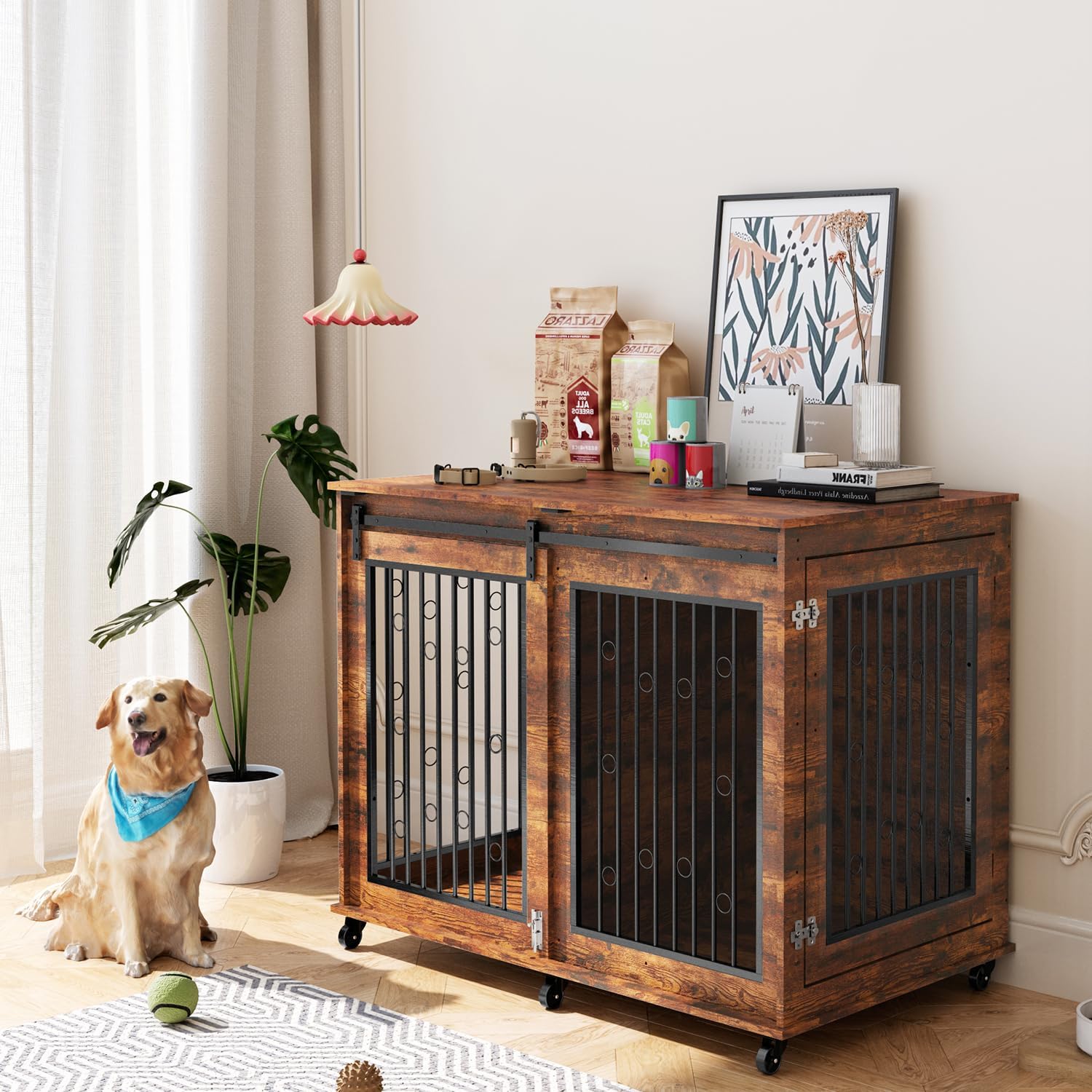 IchbinGo Large Dog Crate Furniture, 47" Wooden Dog Kennel with Sliding Barn Door, Flip-Top Lid & Wheels, Indoor Pet Crate Table with Detachable Divider for Small/Medium/Large Dogs (Rustic Brown)