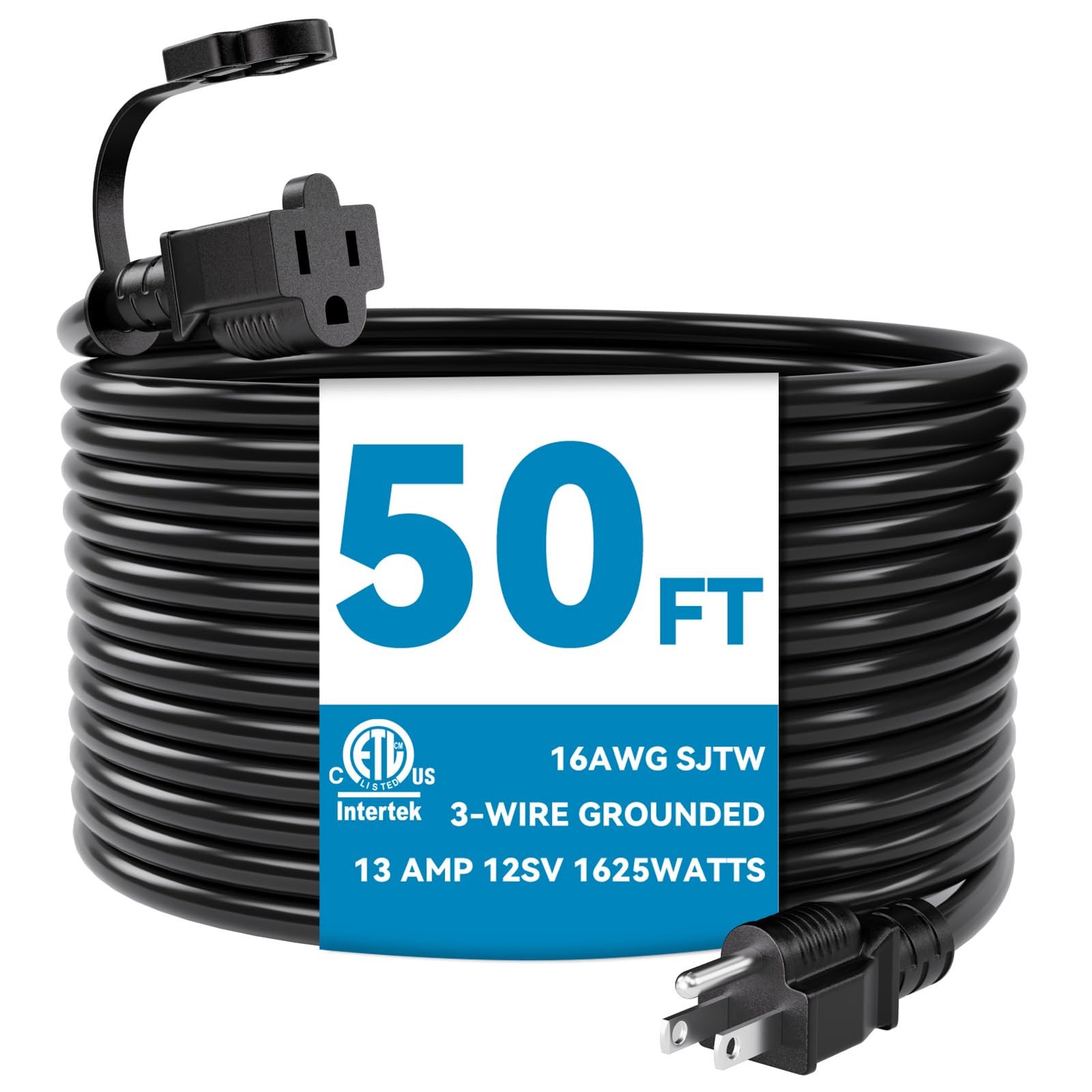 Kasonic 50 Feet Outdoor Extension Cord, ETL Listed, SJTW 16AWG/13A 3 Prong Power Cord, for Home or Office Use, Black