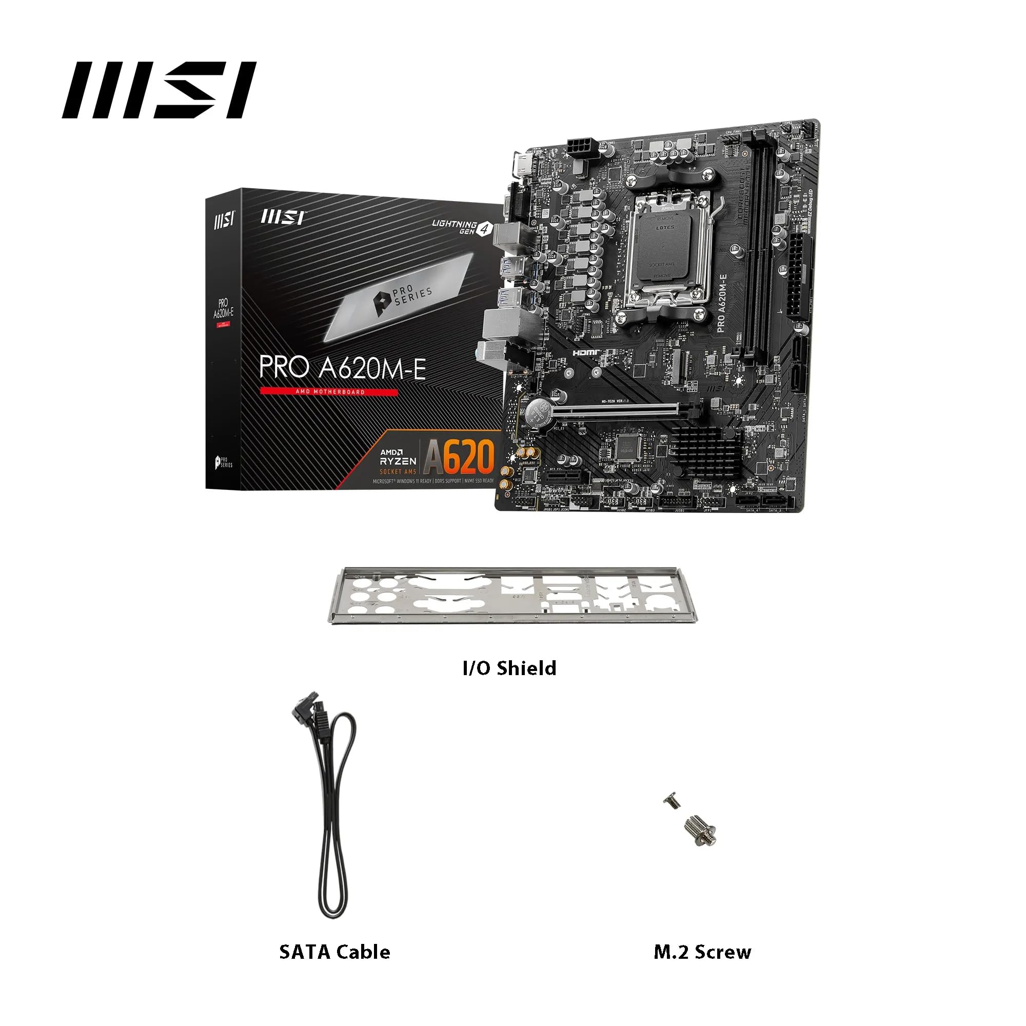 MSI PRO A620M-E płyta główna, Micro-ATX, obsługuje procesory AMD Ryzen z serii 7000, AM5 - DDR5 Memory Boost 6400+MHz/OC, 1 x PCIe 4.0 x16, 1 x M.2 Gen4