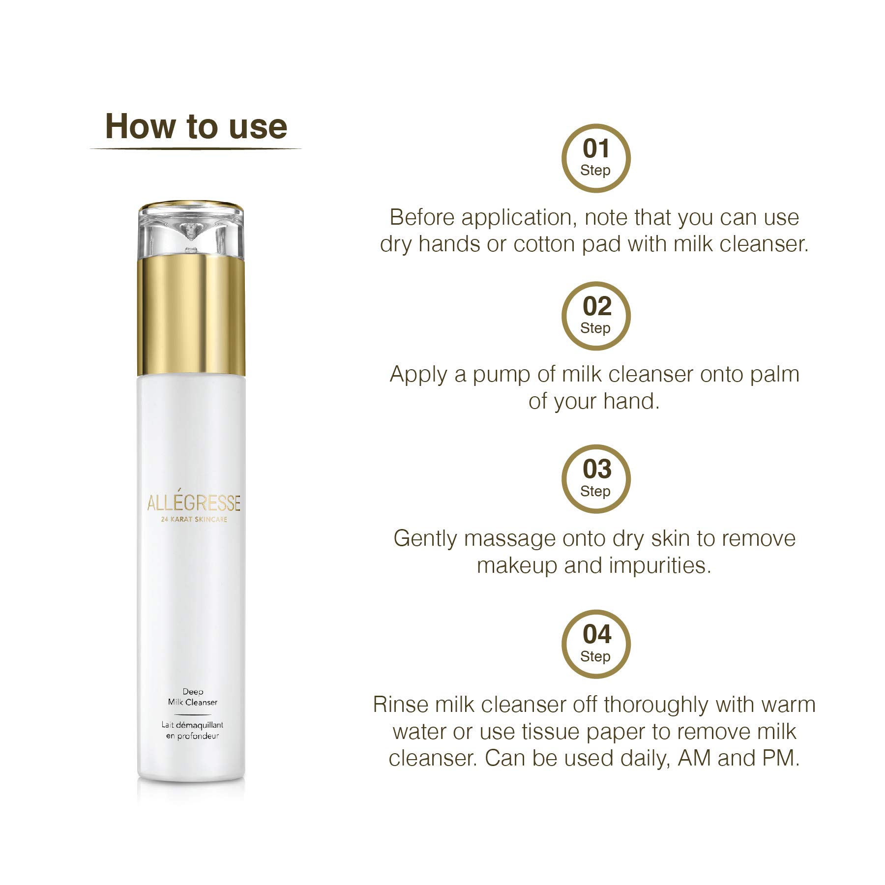 ALLÉGRESSE 24 KARAT SKINCARE Gold Deep Milk Face Cleanser – wzbogacony o składniki botaniczne i przeciwutleniacze do usuwania impurities i makijażu – przeciw starzeniu się głębokiego oczyszczania bez