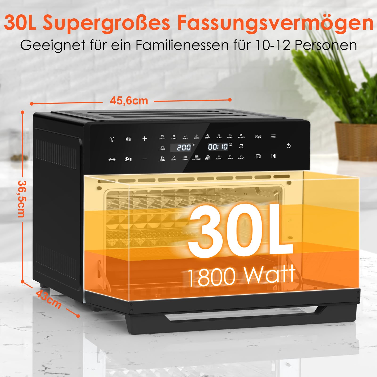 LLIVEKIT 30L Heißluftfritteuse XXL, Minibackofen Umluft mit 20 Programme und 9 Zubehör, Mini Backofen mit LED-Touchscreen, Airfryer Oven ohne Öl mit Sichtfenster, Zwei Kochmodi, Rezeptbuch, 80°C-230°C