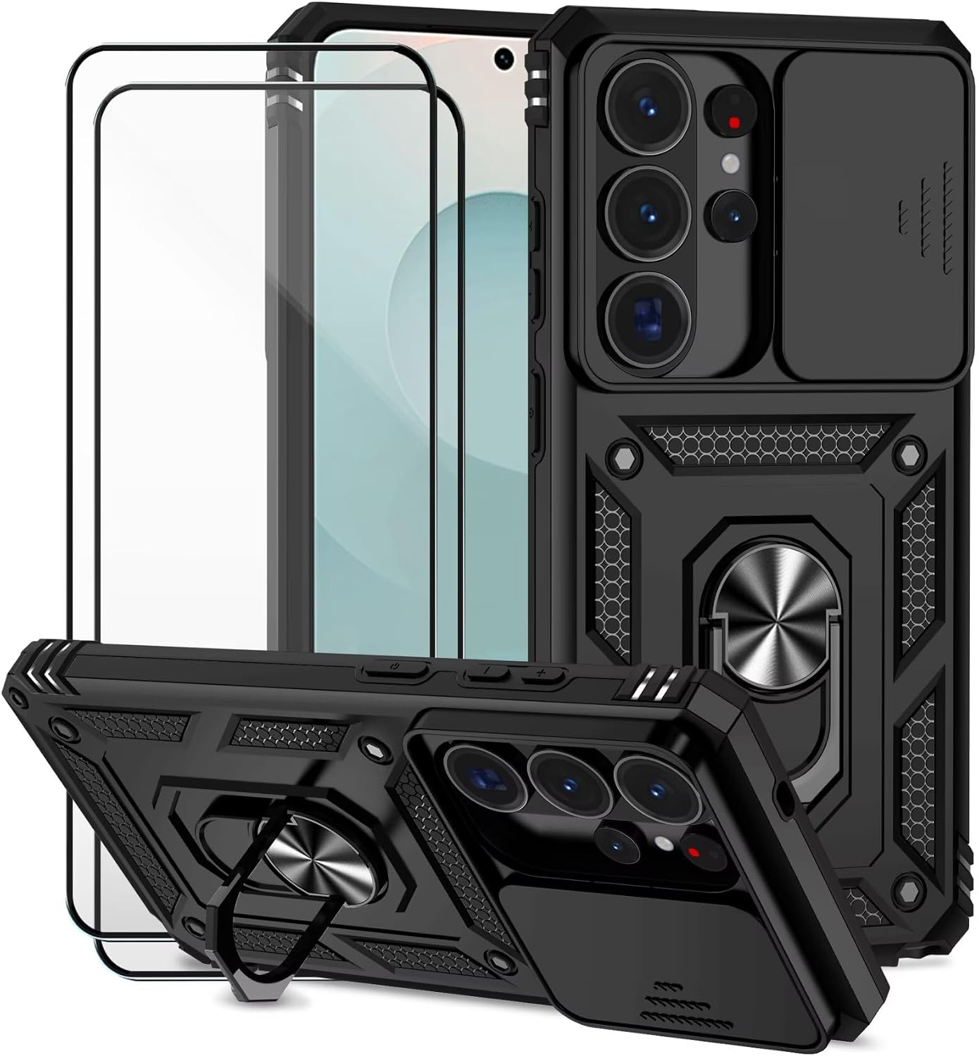 Case for Samsung Galaxy S26 Ultra with Tempered Glass Screen Protector Protective with Camera Slide Case 360  Rotating Military Stand Shockproof Cover Black