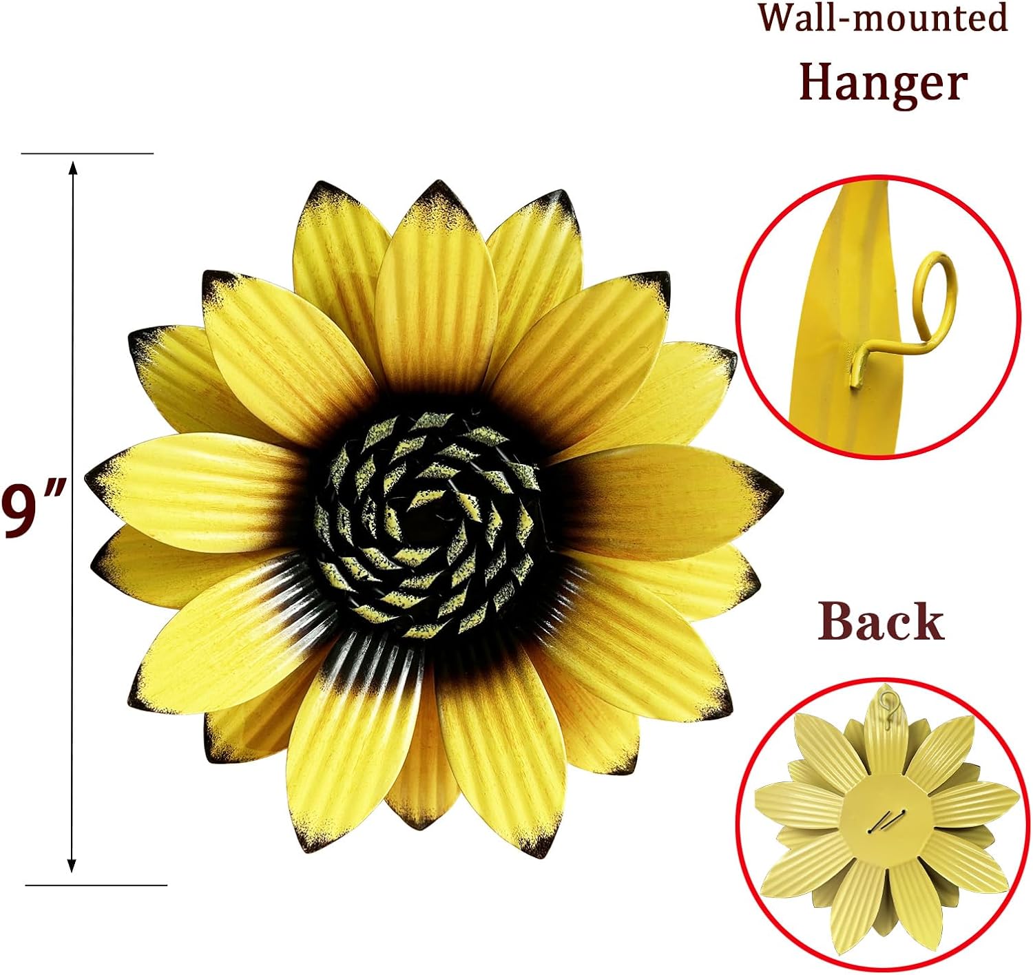 Sunflower Outdoor Metal Wall Art - 3Pack 9" Metal Flowers Wall Decor for Porch, Garden, Yard - Weather-Resistant Indoor Floral Wall Art - Durable Outdoor Wall Decor