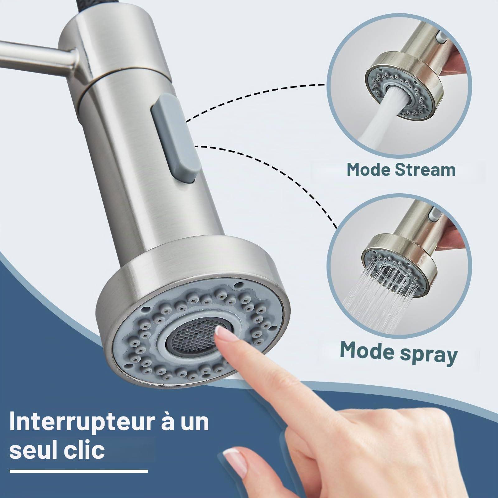 JUNSHENG Robinet de cuisine extractible, mélangeur acier inoxydable haute pression pivotant 360°, nickel brossé