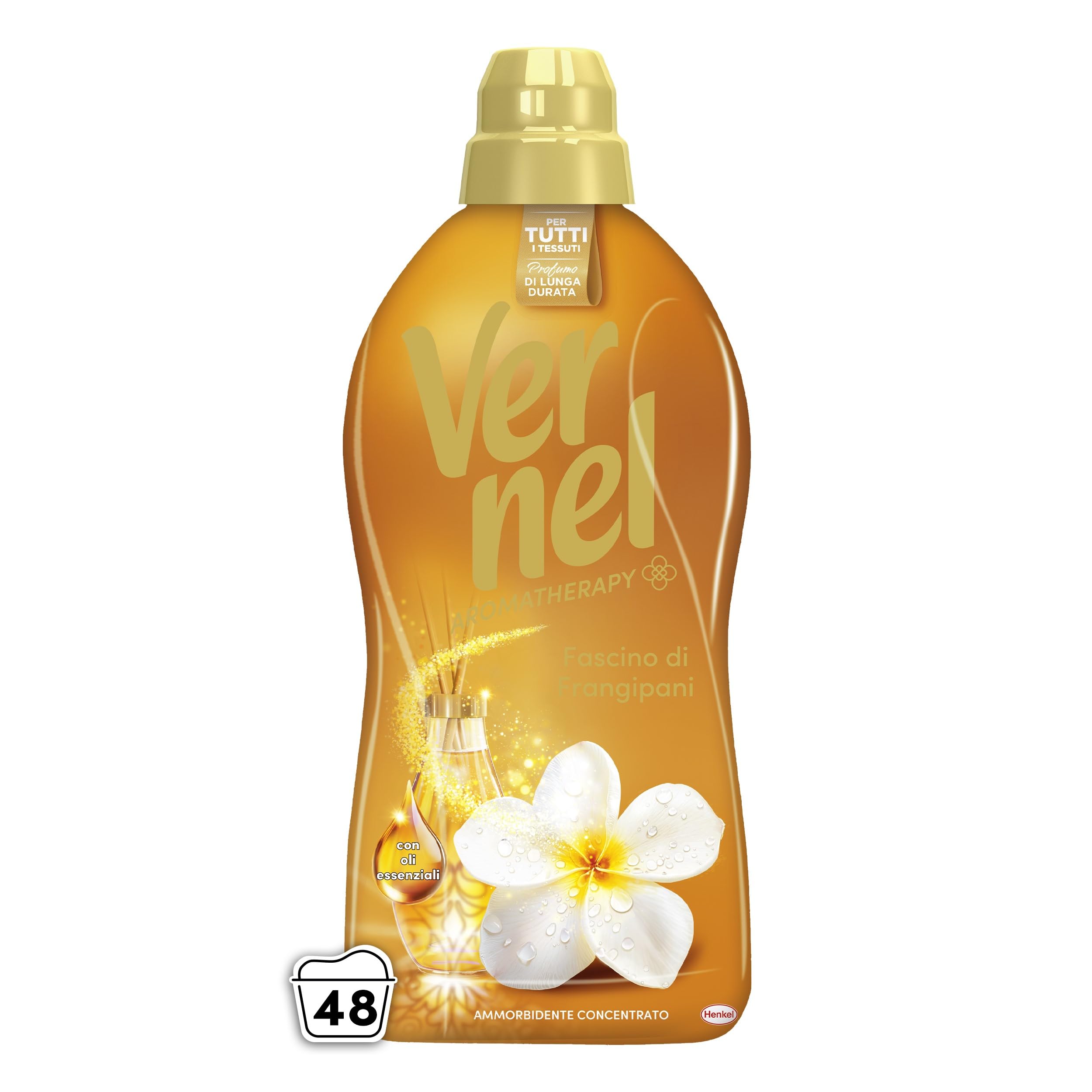 Ammorbidente Concentrato Vernel Aromatherapy Fascino di Frangipani (10 x 48 lavaggi), Ammorbidente Concentrato per Tutti i Tessuti, Profumo di Lunga Durata con Oli Essenziali